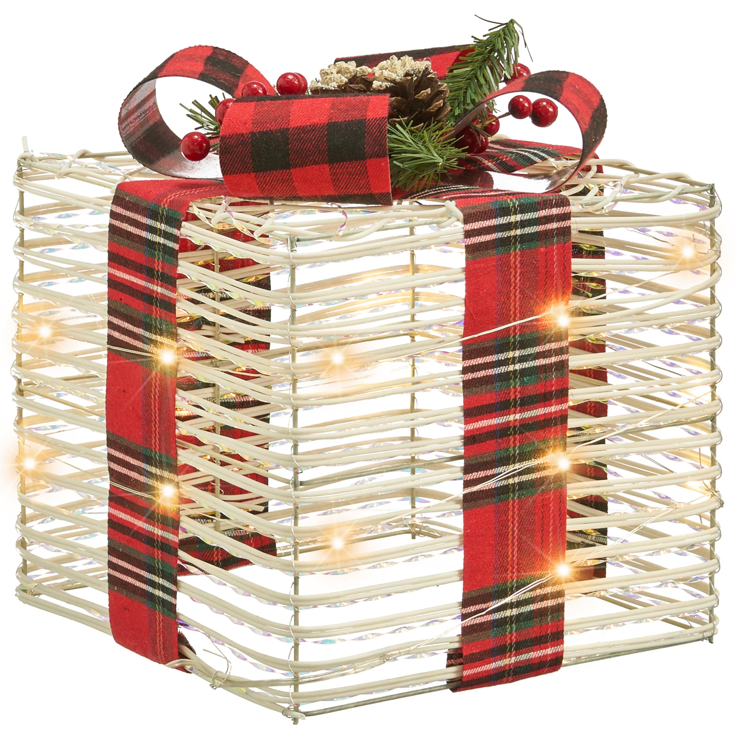 Beliani Lot de 3 Boîtes-Cadeaux Décoratives de Noël avec Lumières LED Blanc avec Nœuds pour Usage Intérieur Blanc Cassé Mangen