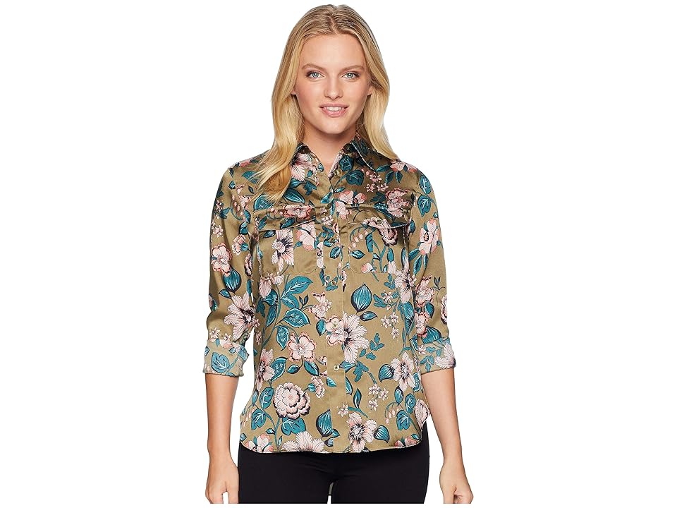 

LAUREN Ralph Lauren Petite Floral-Print Button-Down Shirt (Olive Multi) Women's Long Sleeve Button Up
