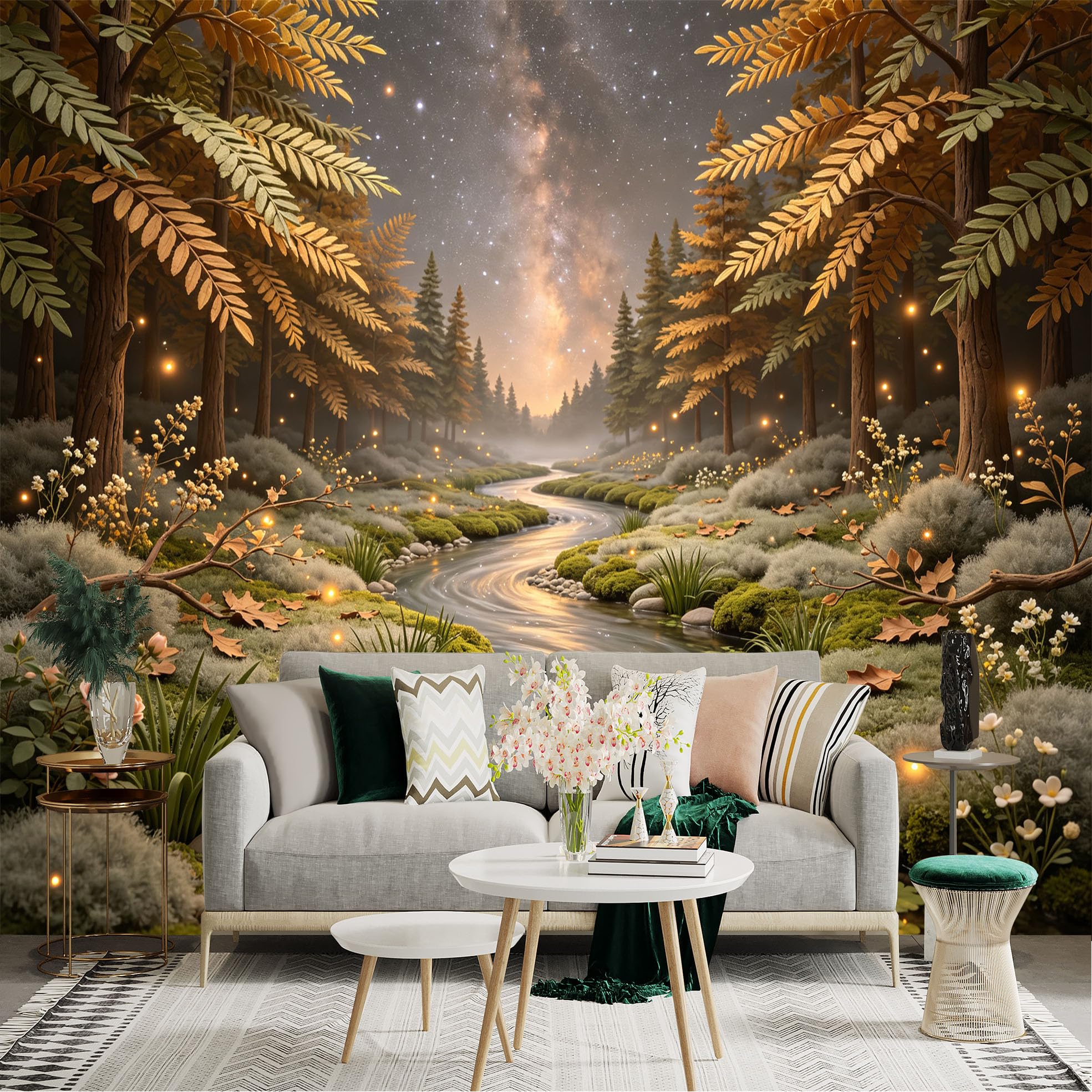 Lnzczhyre Bh260719273 Custom Size Wall Sticker Mural， Enchanted Forest Stream， Glowing Fireflies， Milky Way Galaxy， Serene Nature Scenery， For Wall Decoration， Peelandstick Wall Decals.