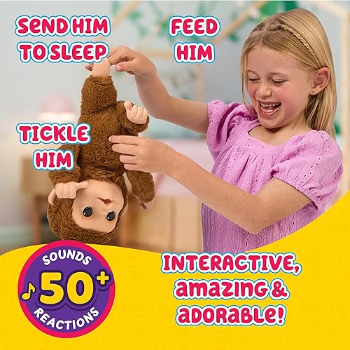 Miniatura 3 de Little Live Pets My Baby Monkey Mango, más de 50 sonidos y reacciones, juego de peluche interactivo de mono con accesorios, mascotas interactivas
