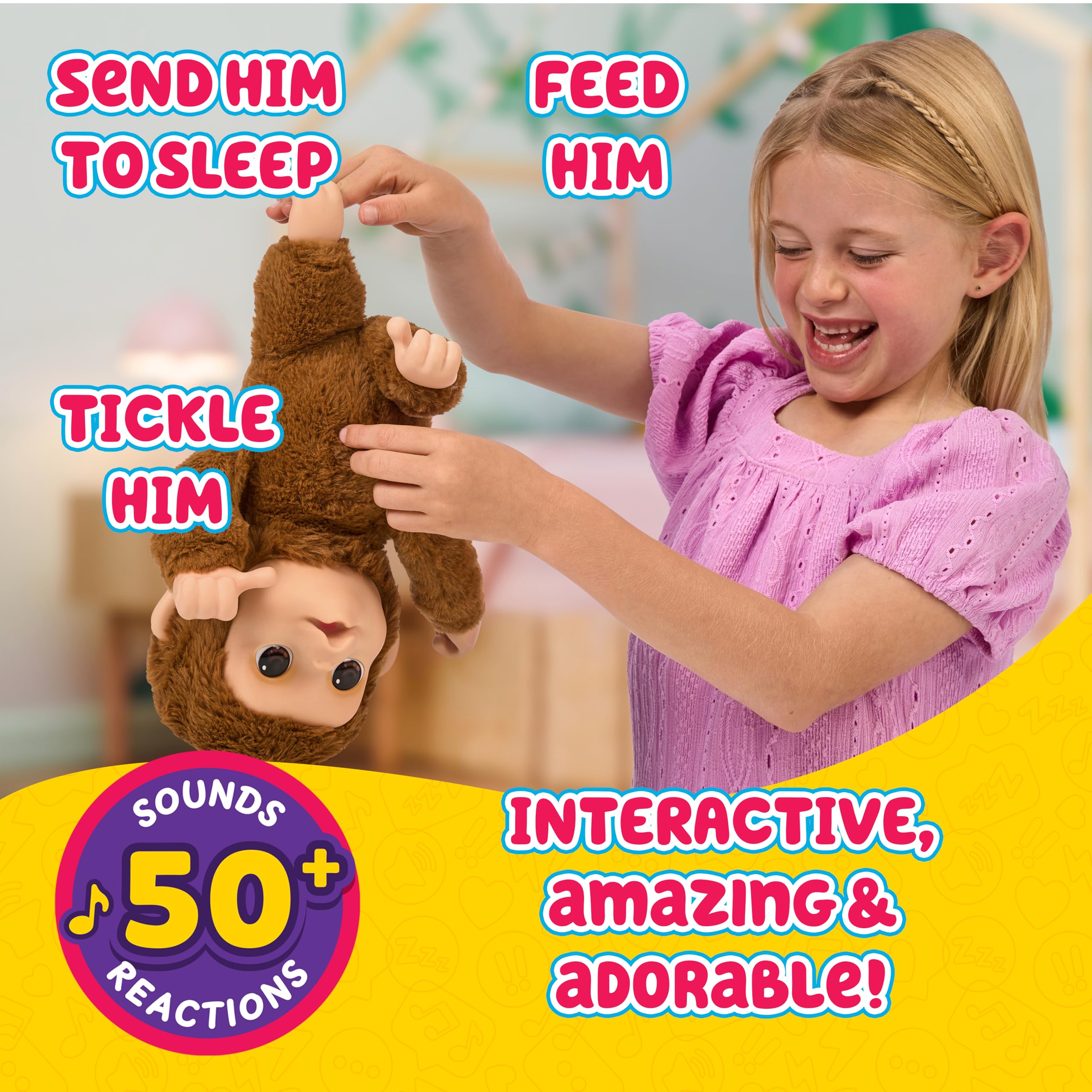 Little Live Pets My Baby Monkey Mango, 50+ Sounds and Reactions, Plush Interactive Monkey Toy Set with Accessories, Interactive Pets for Kids Ages 4+