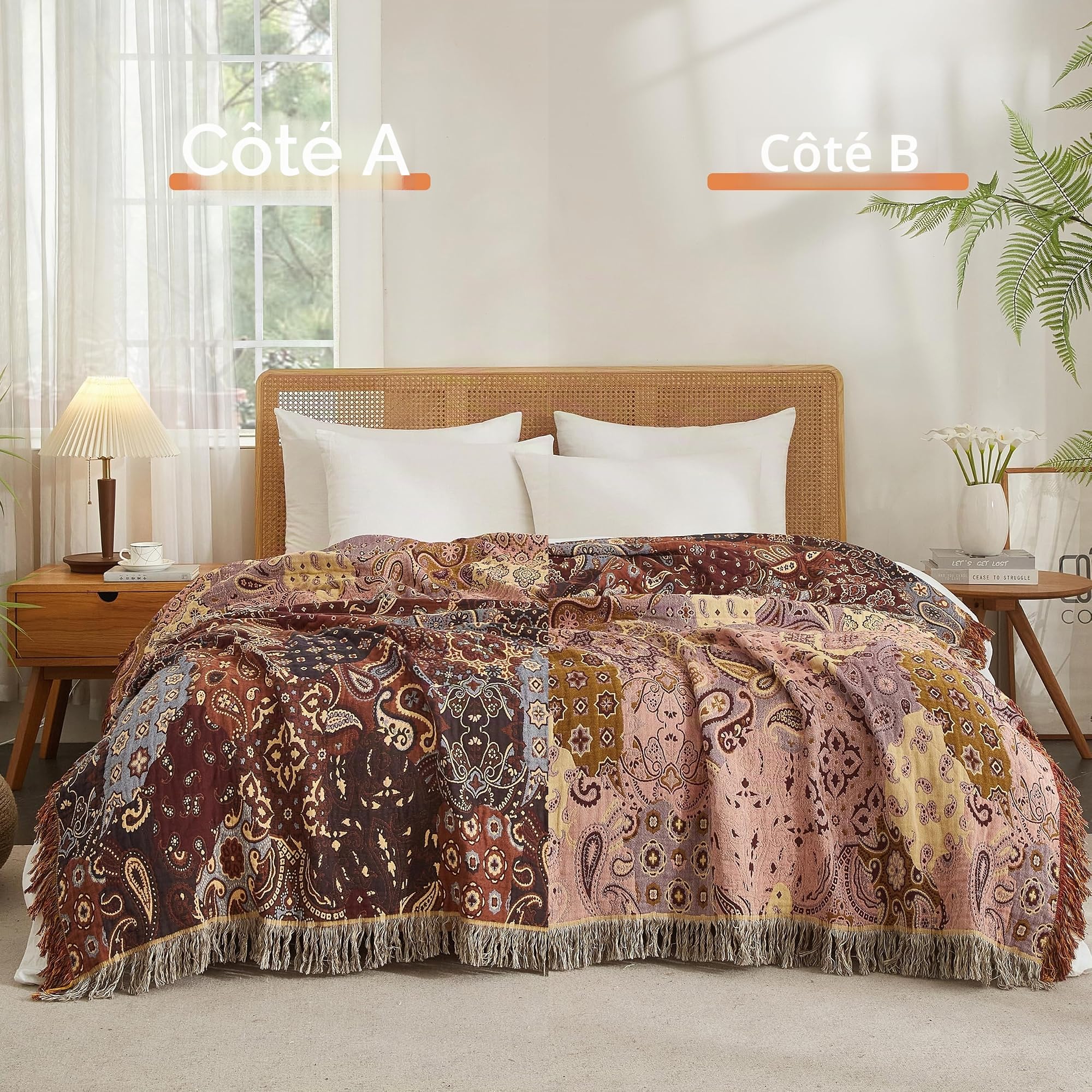 SE SOFTEXLY Couverture bohème 100 % coton - Grand couvre-lit double face en mousseline - 200 x 230 cm - Couverture de canapé et jeté de lit - Design esthétique - Idéal pour le salon et la chambre à