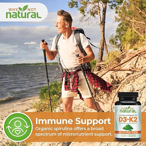 Miniatura 7 de Why Not Natural Vitamina D3 K2 (MK-7) con espirulina orgánica, suplemento extra fuerte de 10000 UI en cápsulas vegetales, apoya la salud ósea, el