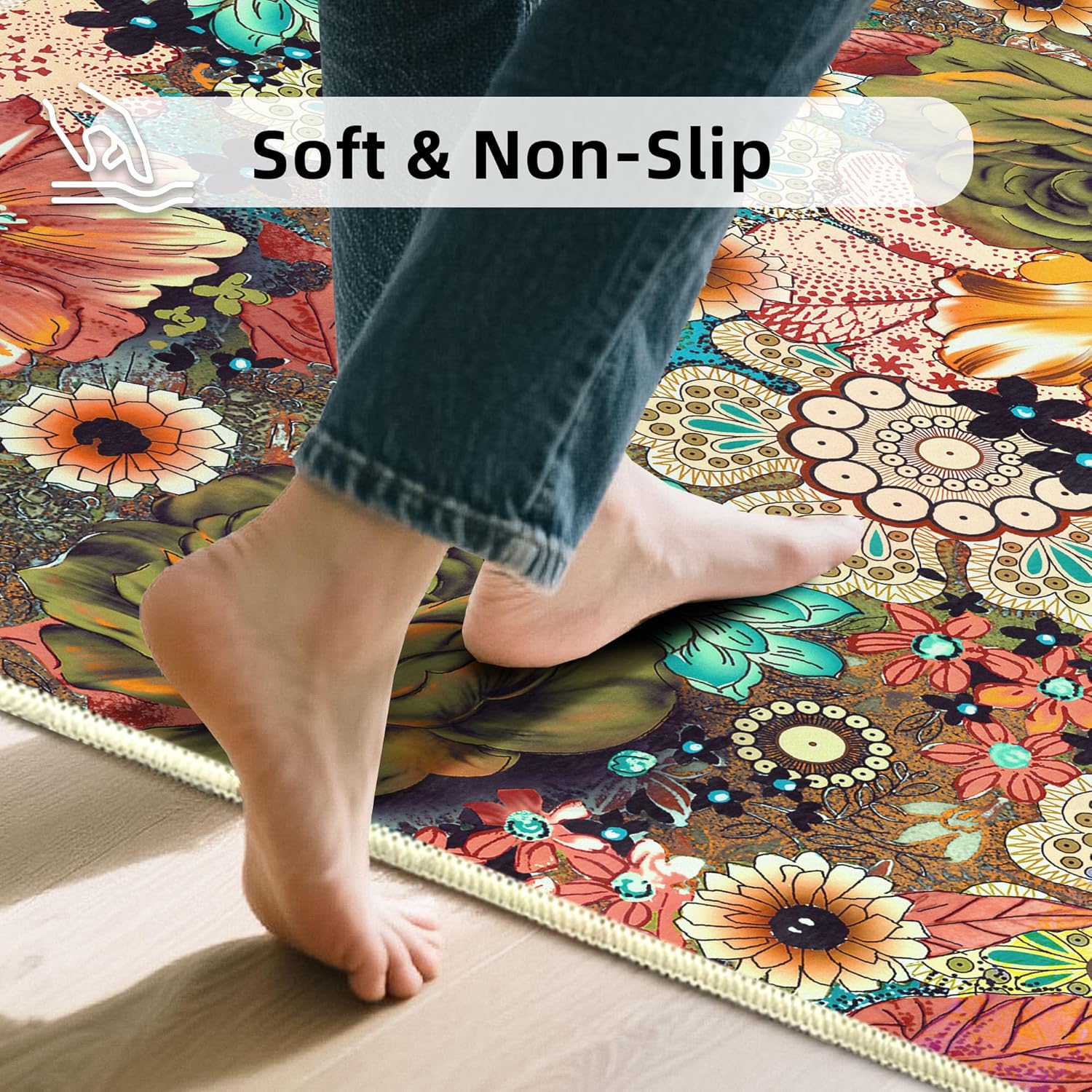 Area Rugs 8x10 Rug for Living Room Washable Vintage Area Rug Non Slip Floral Rugs Foldable Low Pile Soft Large Carpet for Bedroom Bedside Dining Room Kids Playroom Farmhouse