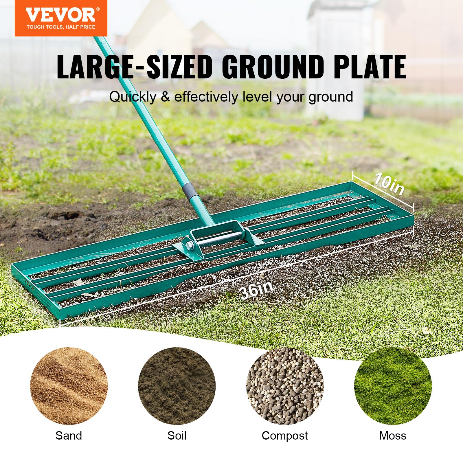 VEVOR Rastrillo Nivelador de Césped de 914x254 mm, Mango de Acero, Placa Base de 1981 mm, Rastrillo Nivelador de Suelo Resistente de Aleación de Aluminio para Césped, Golf, Patio, Campos de Jardín