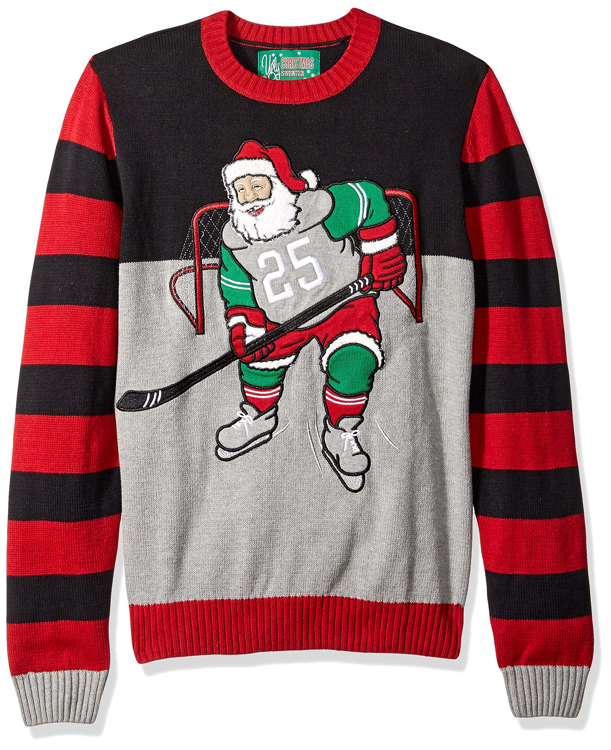 The Ugly Sweater Co. Mens Sports Golf Sports Ugly Christmas Sweater for Holiday Fun Design, Snug Fit Breathable Crewneck (Black Hockey Santa, XX-Large)