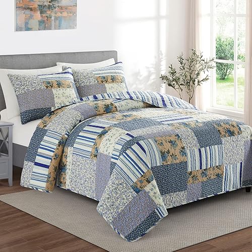Miniatura 2 de Juego de edredón de retazos, tamaño King, tradicional, hecho a mano, reversible, 100% algodón, vintage, azul, a cuadros (106 x 96 pulgadas), juego