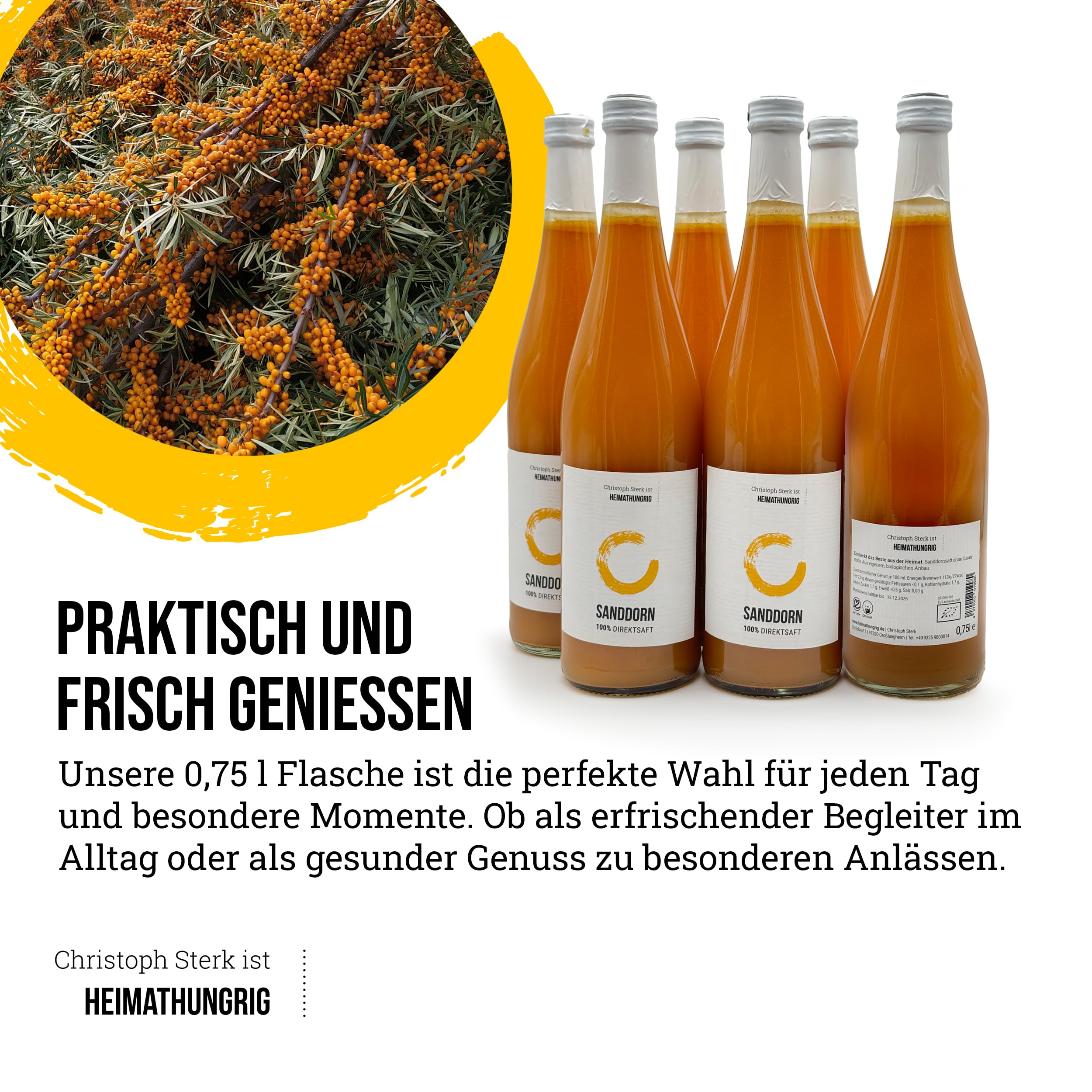 Heimathungrig - Bio Sanddorn Direktsaft 6x0,75L - Fruchtsaft aus 100% Sanddornbeeren - naturtrüber, vegan & ungesüßt - Natürlicher Sanddornsaft ohne Zuckerzusatz (Regionaler Saft aus Deutschland)