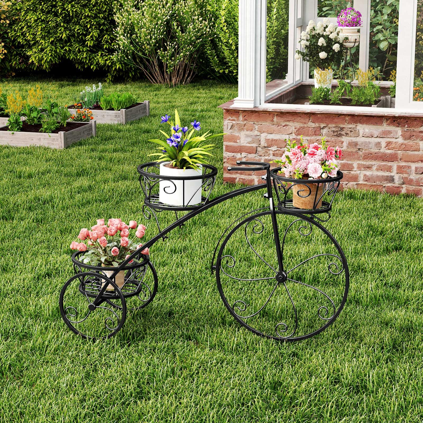 RELAX4LIFE Supporto per Piante a 3 Piani, Carrello per Vasi a Forma di Triciclo, Supporto per Piante con Telaio in Metallo Robusto da Giardino per Interni ed Esterni, 80 x 25 x 52 cm (Nero)
