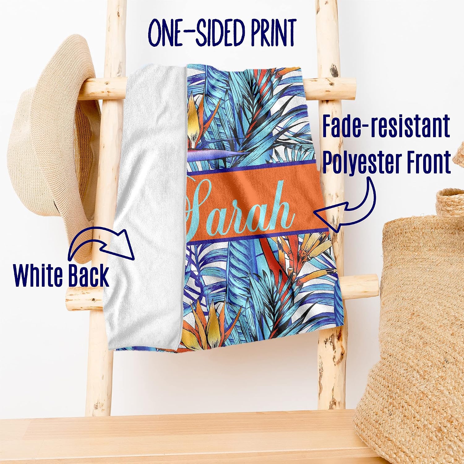Blue Beach Towels with Names, Personalized Beach Towels for Adults Kids Swim Towels 30x60 for Beach Pool, Tropical Beach Towel Sand Free, Custom Beach Towels, Bright Blue Towels Tropical Leaves T29