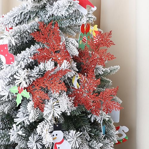 Miniatura 10 de FOIMAS 24 agujas de pino artificiales con purpurina, ramas florales de Navidad, ramas falsas de ramitas florales, aerosoles para coronas de árbol