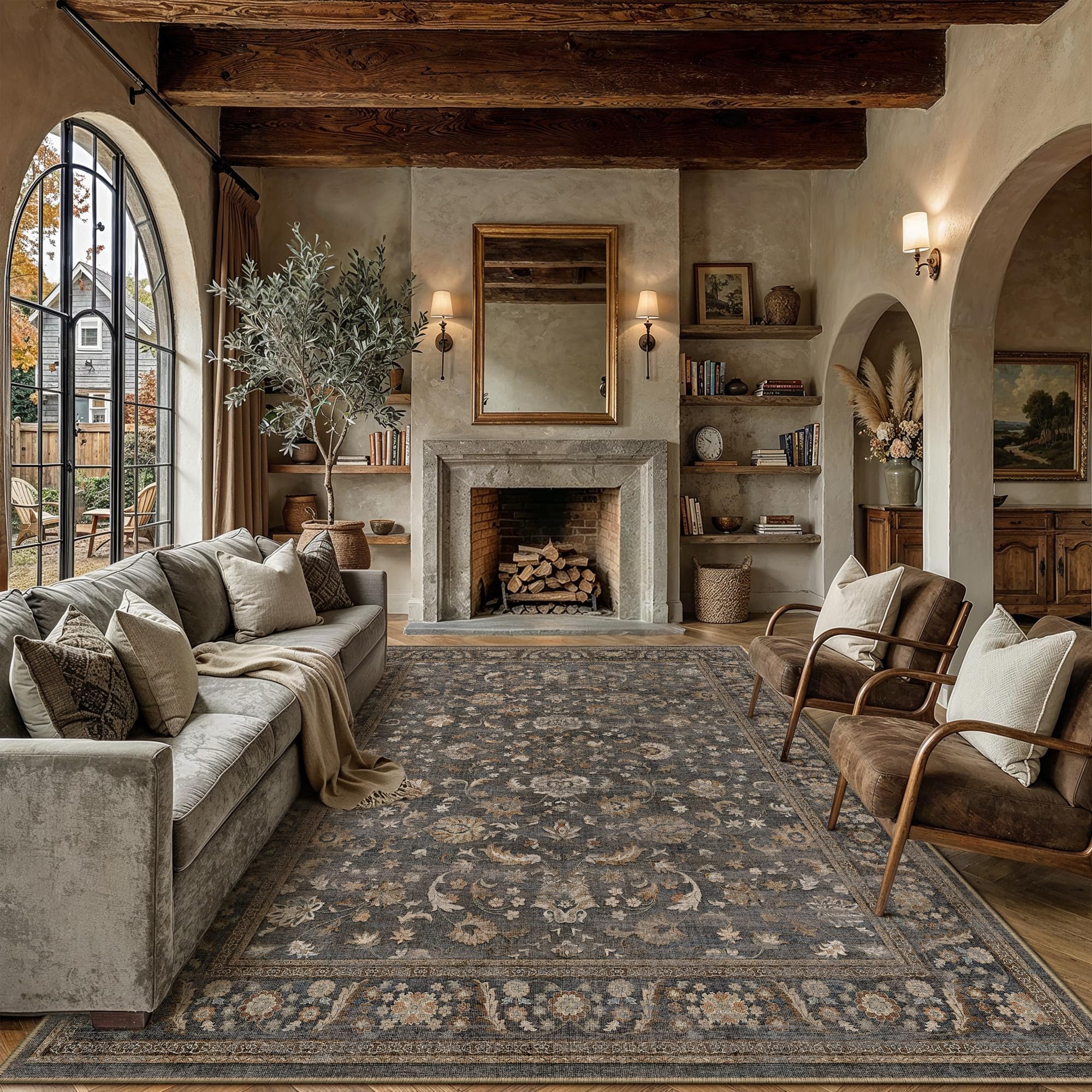 PureCozy Brown Blue Area Rug 8x10 Vintage Floral Distressed