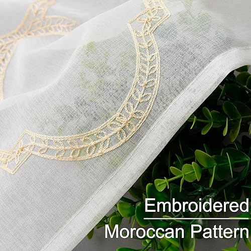 Miniatura 5 de DWCN Cortinas traslúcidas blancas con diseño marroquí bordado, cortinas de lino sintético para dormitorio y sala de estar, juego de 2 tratamientos