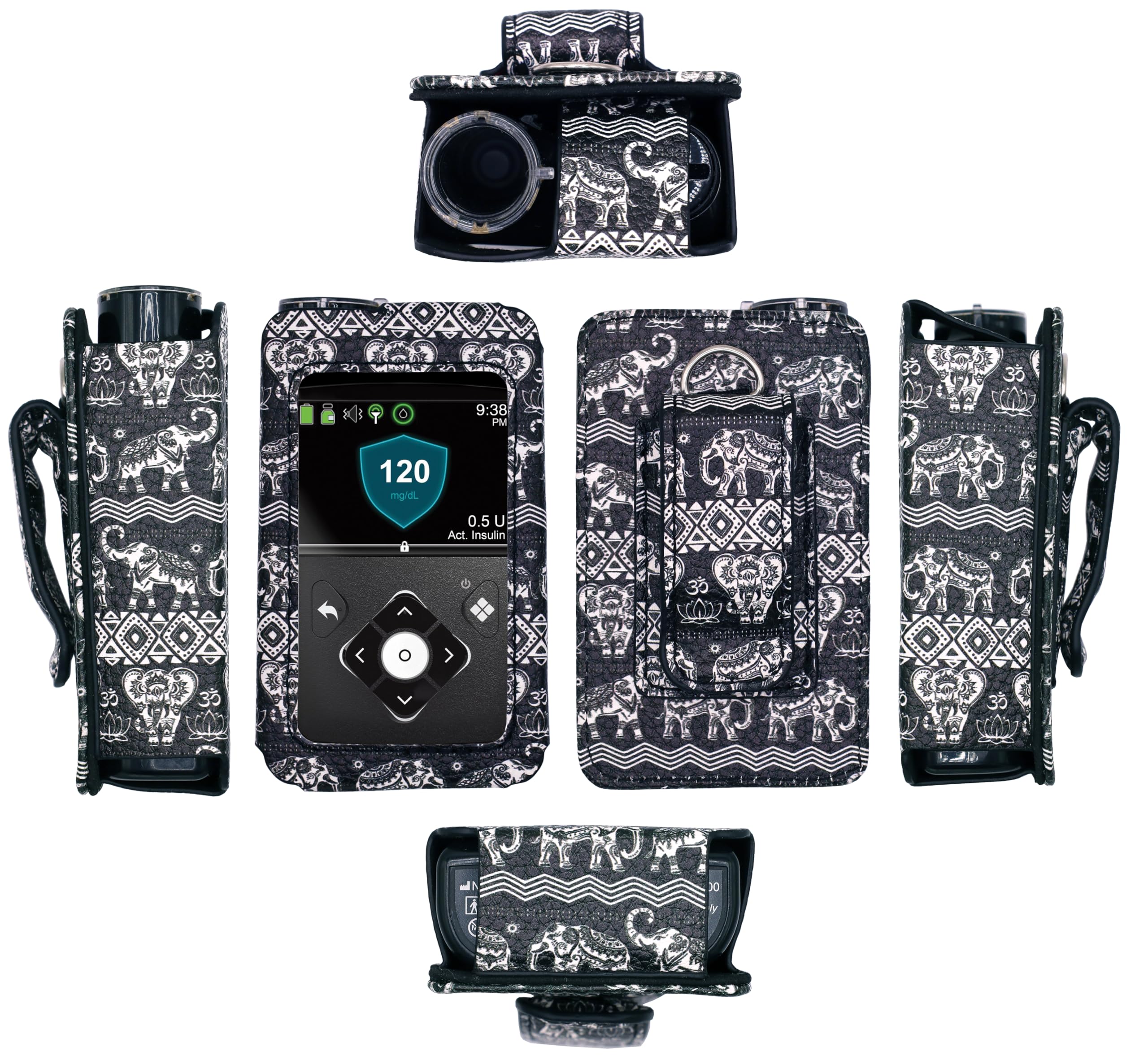 Fitted Designer Leather Case with Screen Protector for Medtronic Minimed Insulin Pump (Minimed 630G / 640G / 650G / 670G / 770G / 780G) (FL10/BLACK)