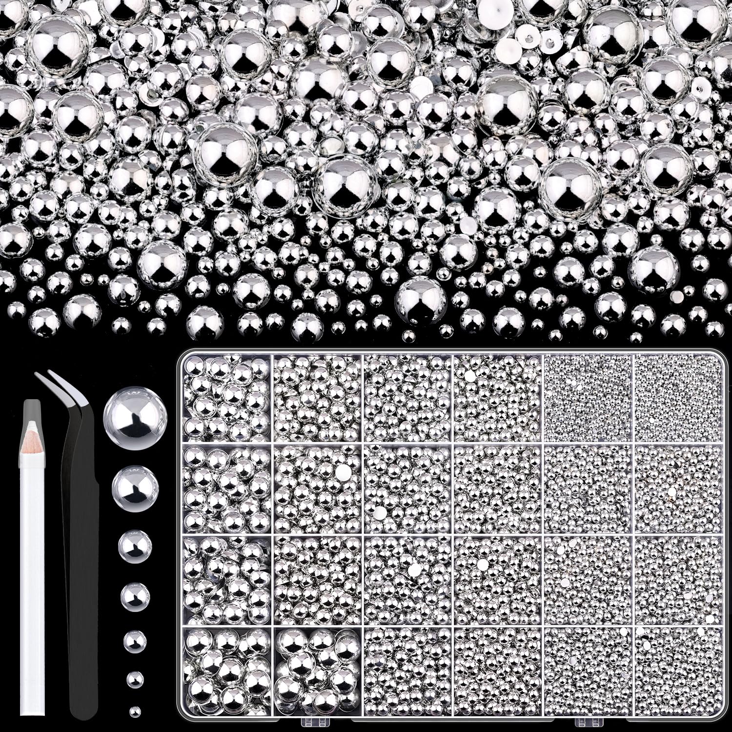 13000Pcs Flatback Pearls for Crafting (Silver), Assorted Size 2/3/4/5/6/8/10mm Non Hotfix Half Pearl, Bedazzling Bead for DIY Crafts Clothing Tumblers Mugs Shoes Fabric Embellishment Nail Art Makeup