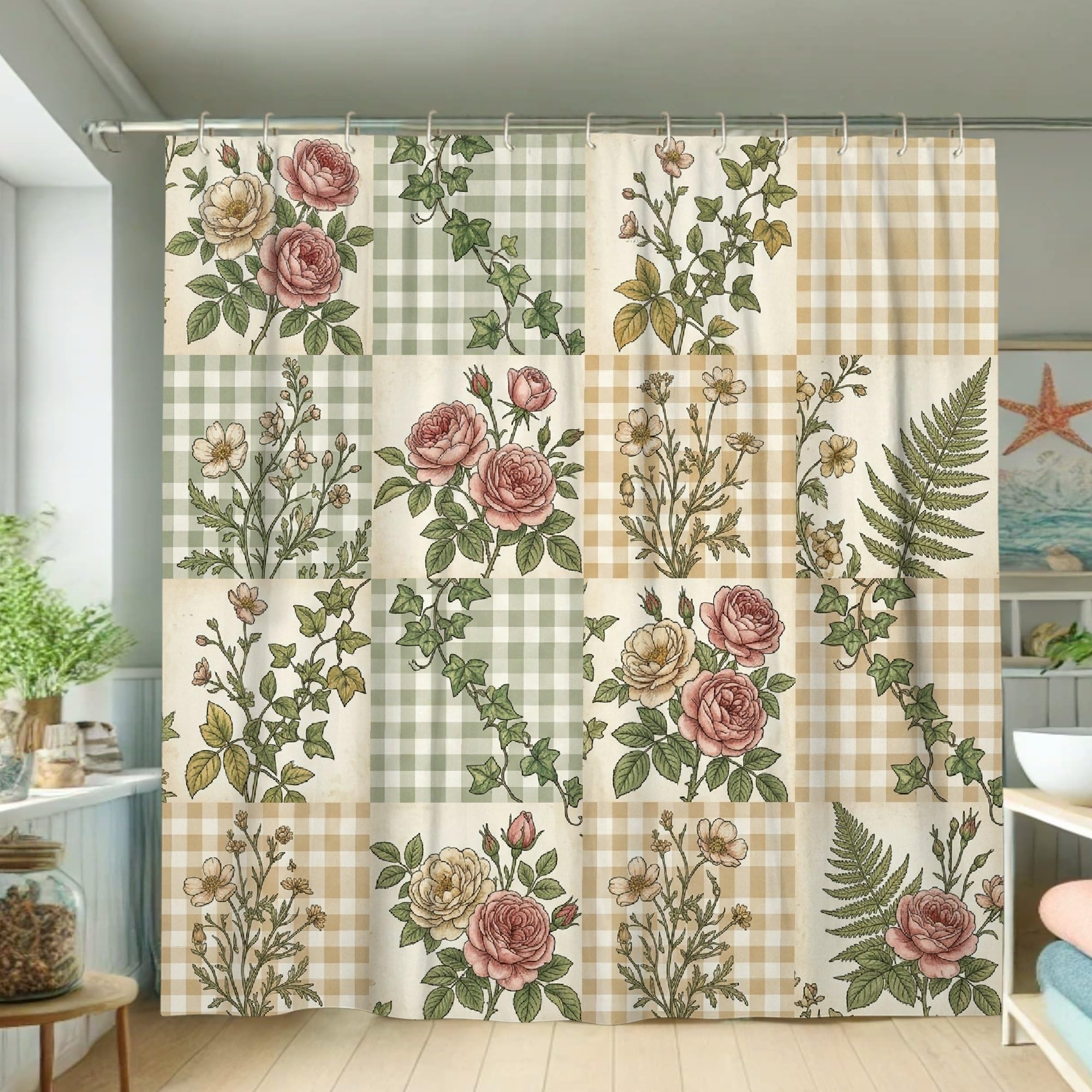 Rideau de douche vintage roses vert automne 183x183 cm avec crochets pour salle de bain
