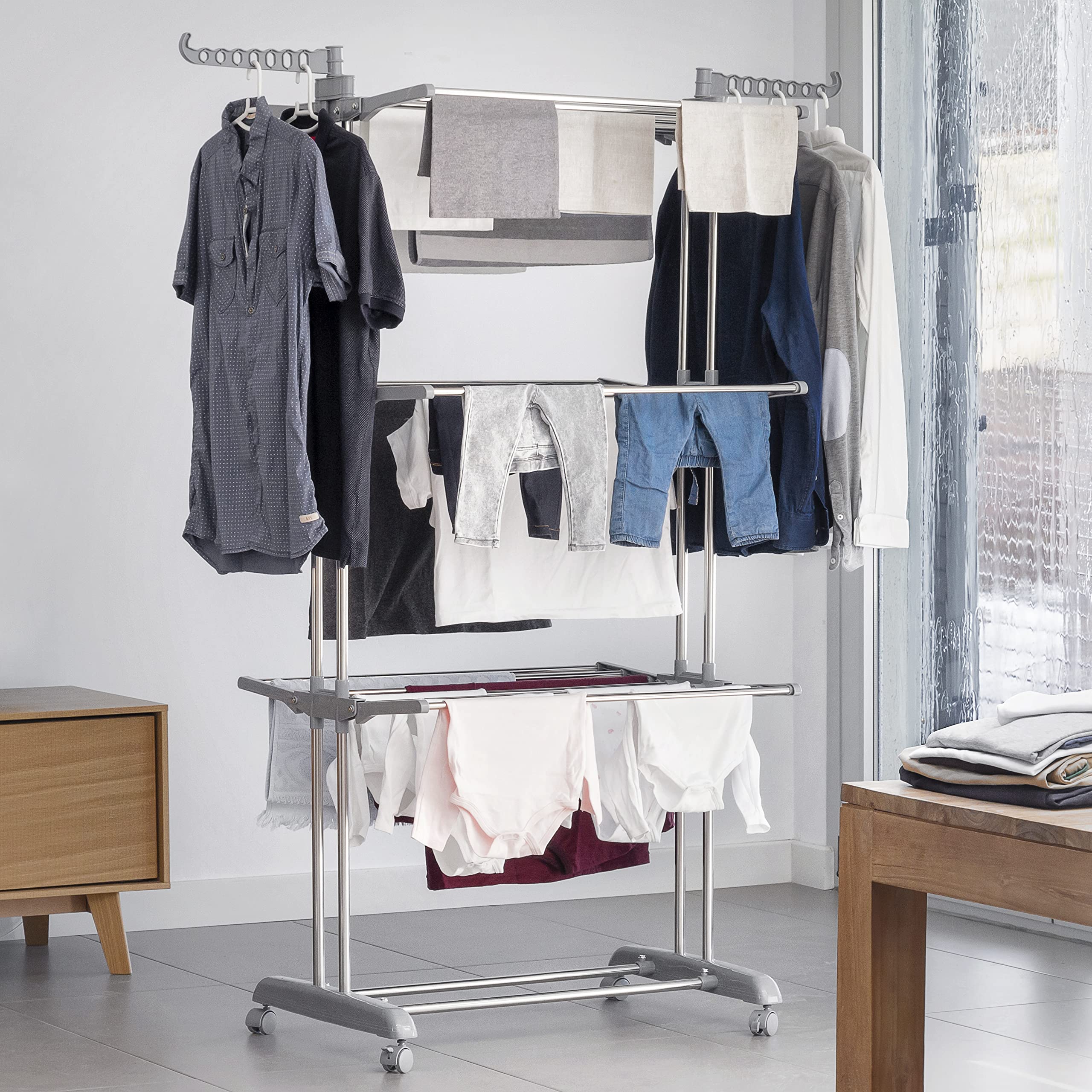InnovaGoods® Tendedero Plegable Vertical con Ruedas Folver 24 Barras, Seca la Ropa de Forma cómoda y práctica, con 24 Barras, diseño Plegable y con Ruedas, Ideal para el hogar