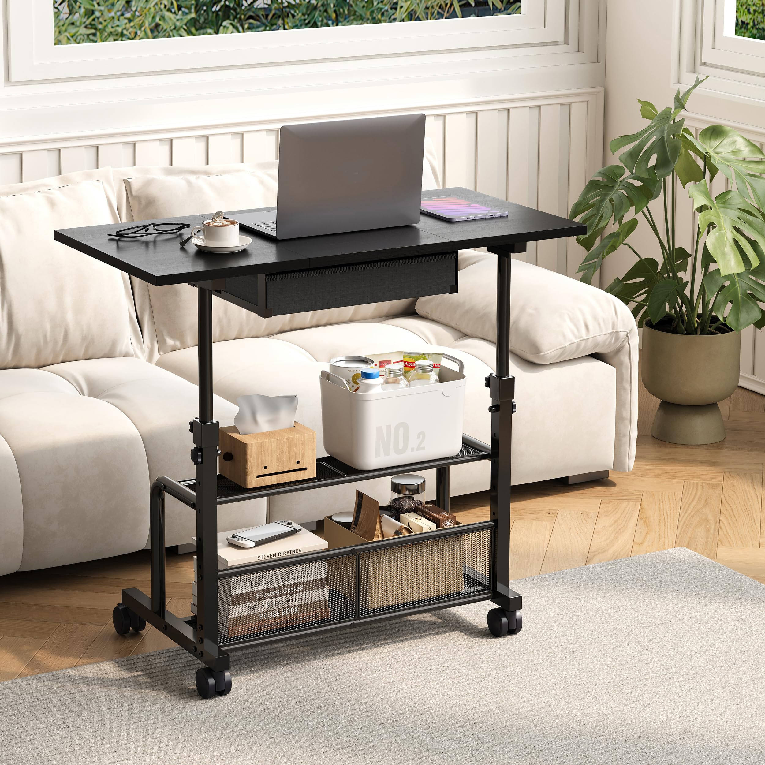 Adjustable Height Small Computer Desk with Drawers Portable Rolling Desk for Seated Use 32 Laptop Desk for Home — view 7