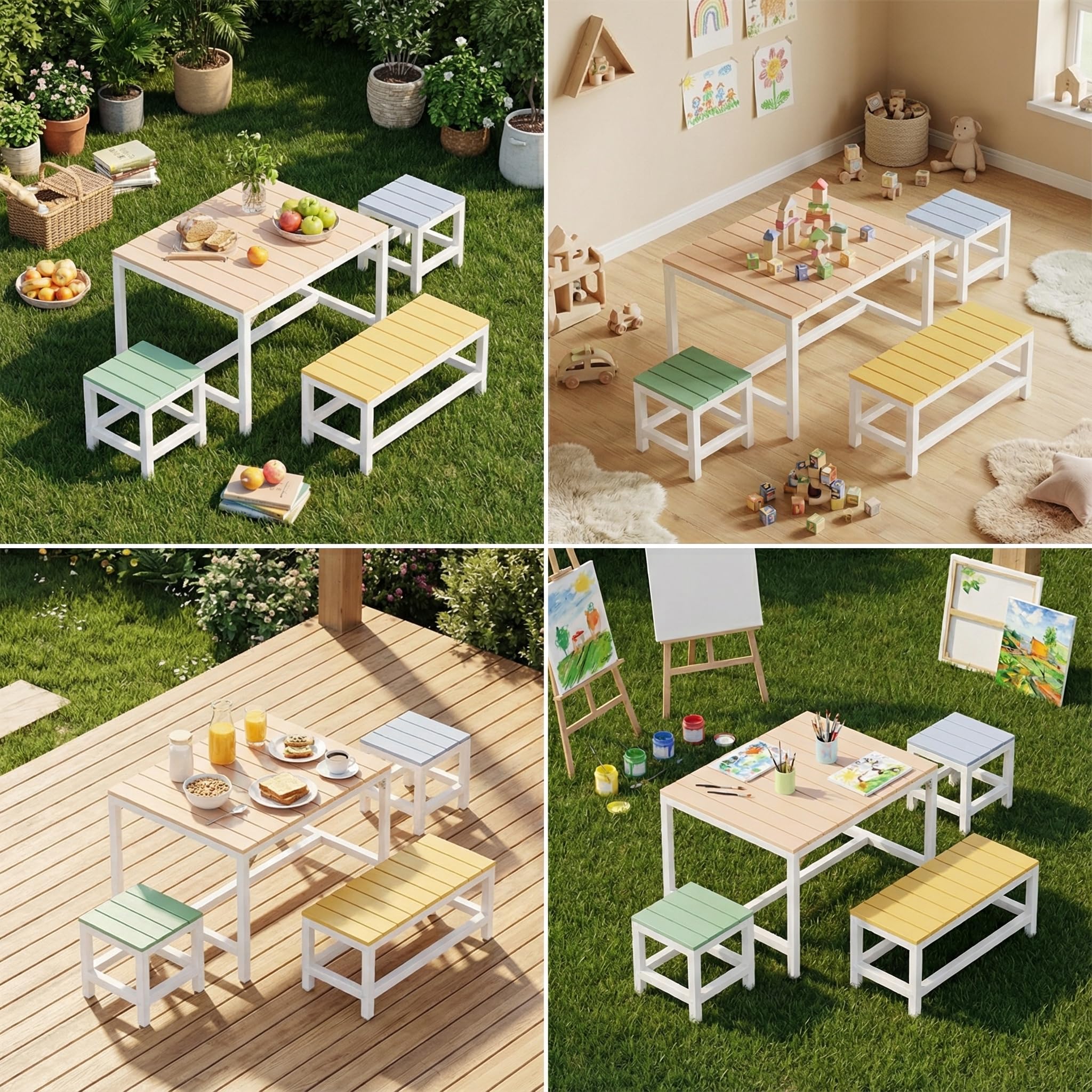MAMIZO Kindertisch Pappelholz Massivholz, Kinder Tisch Stuhl Set Garten mit wasserdichte Abdeckung, Basteltisch Innenbereich mit 3 PCS Hocker, Kinder-Sitzgarnitur Picknick-Gruppe ab 3 Jahre, Bunt