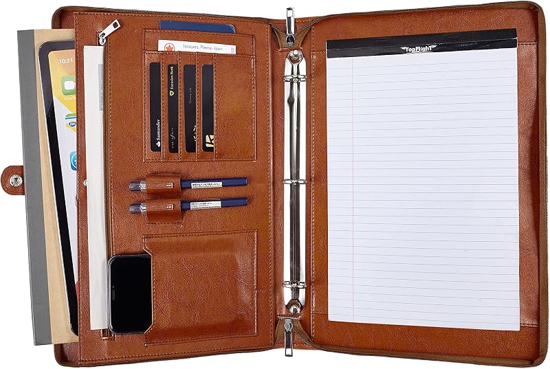 Carpeta de cuero vegano, carpeta de 3 anillas, carpeta de cuero marrón con cremallera, organizador de cartera hecho a mano, carpeta de cartera personalizada para zurdos y diestros (marrón, no personalizado)