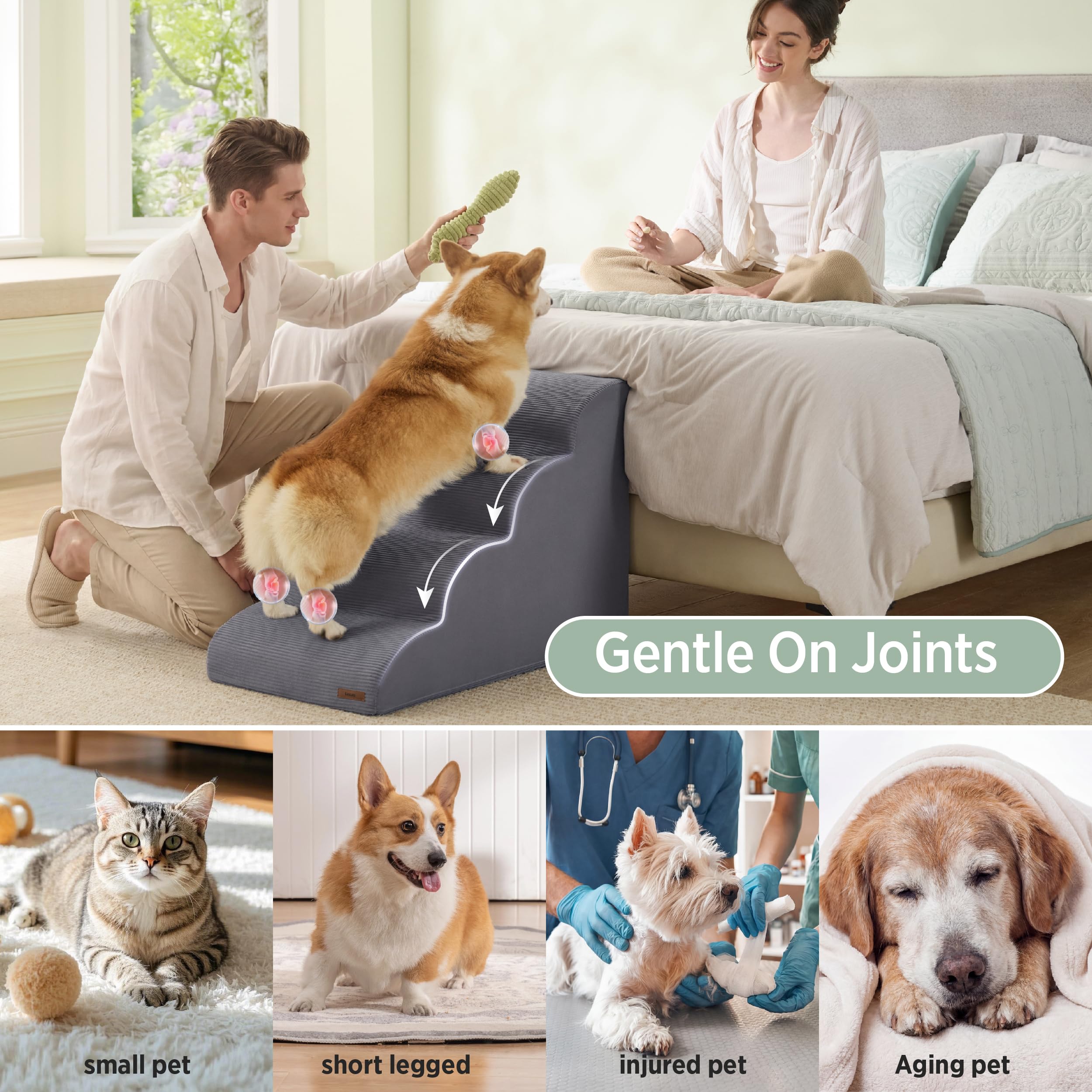 Lesure Scala per cani e gatti – 4 gradini in spugna 33D ad alta densità, lavabile, antiscivolo, con rivestimento rimovibile, per letto, divano, davanzale della finestra, grigio