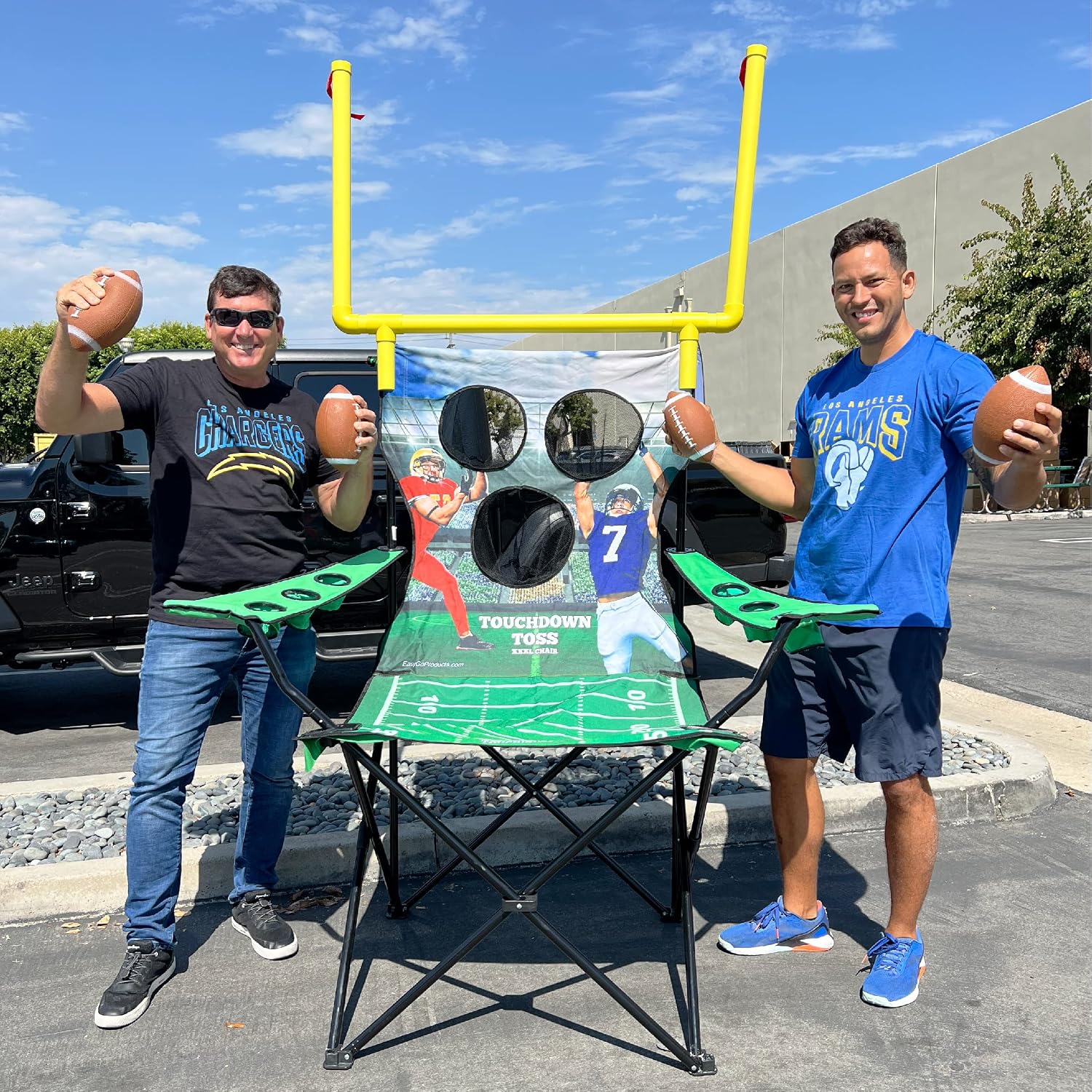 XXL Giant Football Toss Game & Tailgating Chair Combo - 8’ Tall - Outdoor Football Game for 2-4 People – Includes Footballs, Air Pump, Kicking Tee & Storage Bag – Tailgating, Backyard, Beach & Parks