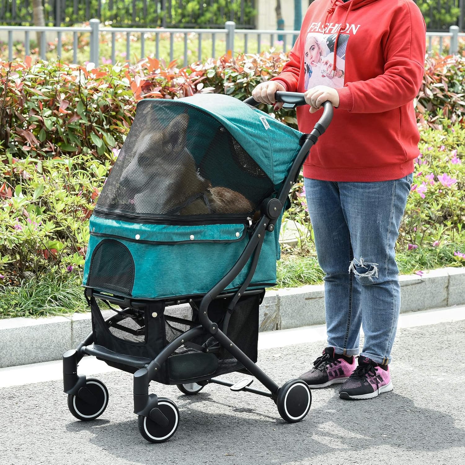 PawHut Pet Travel Stroller Dog Cat Pushchair One-Click Fold Jogger Trolley with EVA Wheels Brakes Basket Storage Bags Adjustable Canopy Zippered Mesh Window Door Blue : Pet Supplies