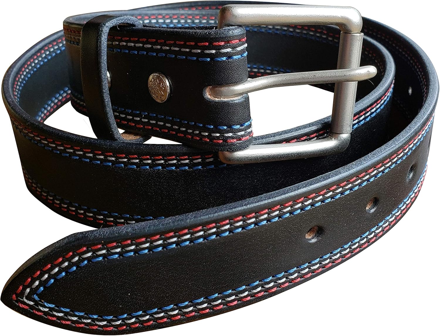 Triple Stitch, Red, Blue, Black White, Full Grain Leather, Made in the USA (Black Belt, Red-White-Blue Stitch, Brushed Nickel, 50" (Waist 48))