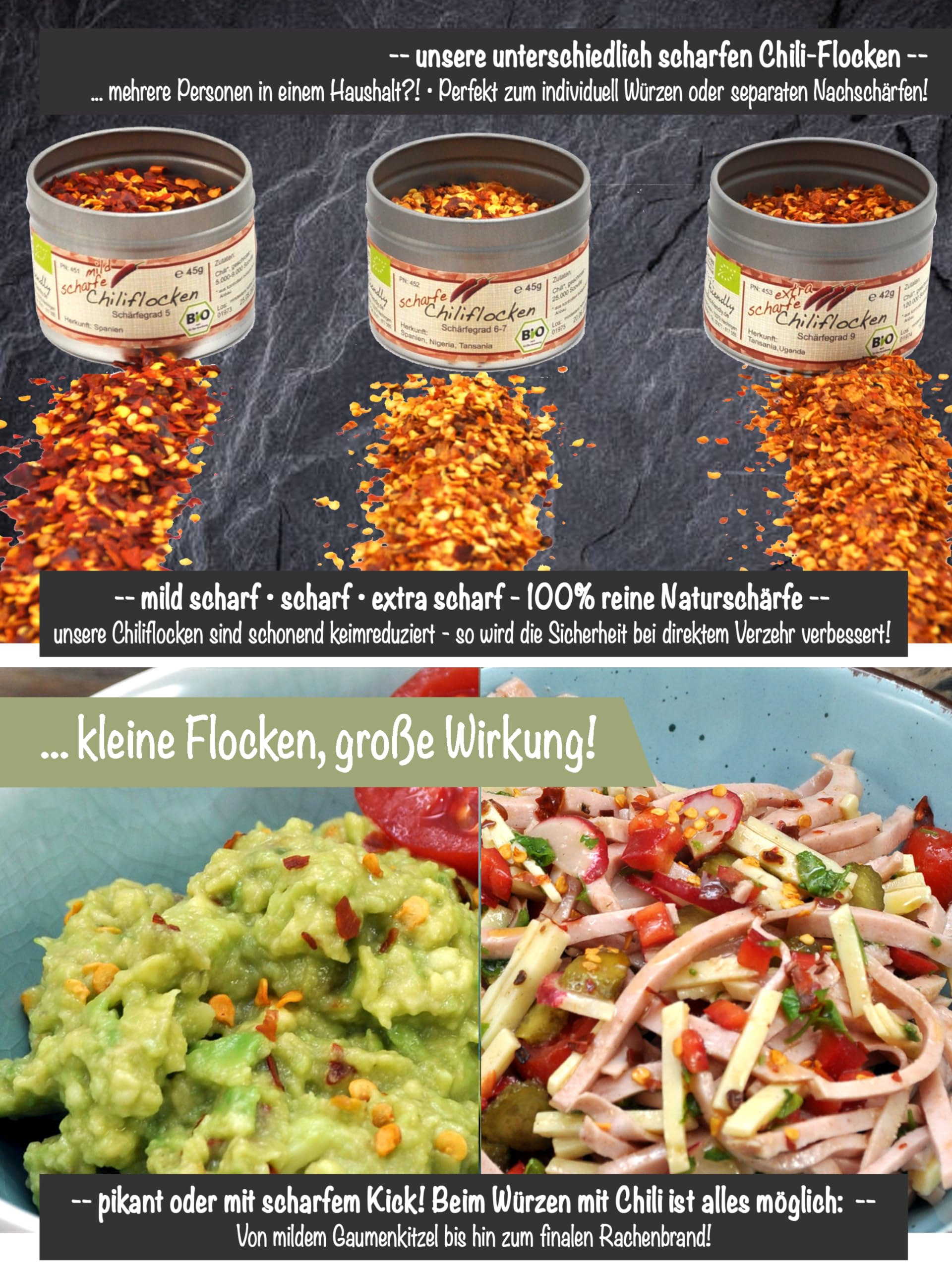 Bio Chili-Olivenöl extra scharf & Chiliflocken 3 Schärfegrade Geschenkset