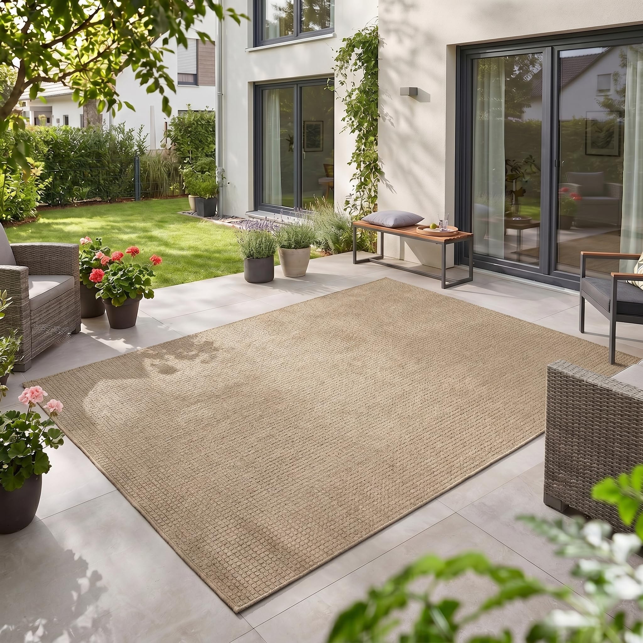 Teppium Outdoor Teppich Beige Balkon Terrasse Garten Wetterfest UV-beständig Teppich Einfarbig Flachgewebe Pflegeleicht Robust Modern