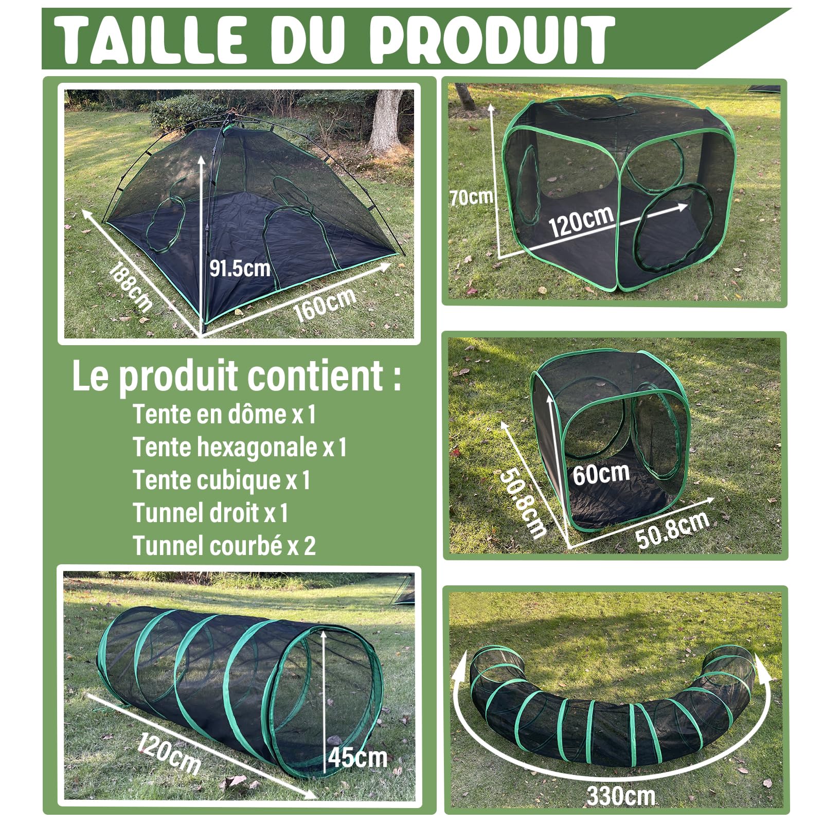 Pawtenda Aire de Jeu pour Chat 6 en 1 pour l'extérieur, enclos Portable, Cage de Jeu et Parc pour Animaux de Compagnie, avec 3 tentes et 3 Tunnels