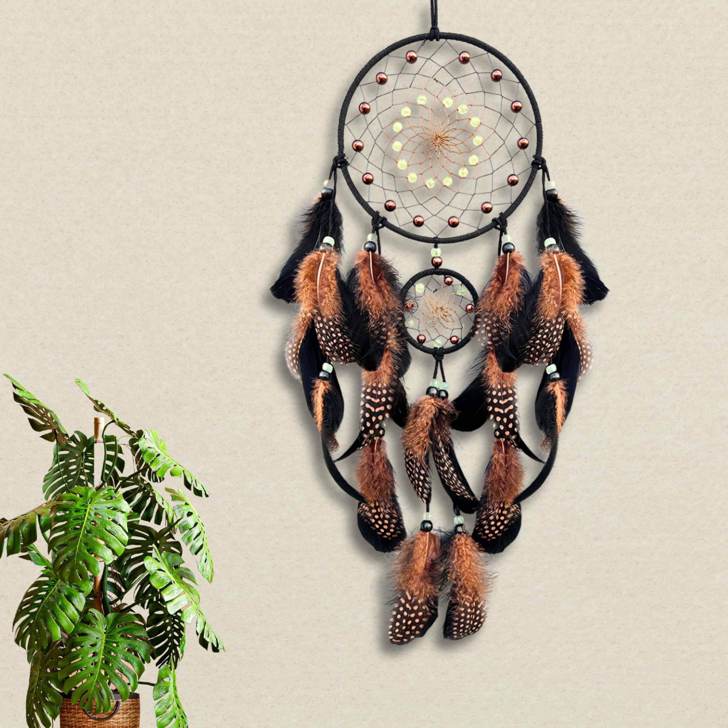 Traumfänger mit leuchtenden Perlen, handgefertigter Traumfänger für Erwachsene, Indianerdekor, hängende Wandverzierung für Schlafzimmer, Braun (Braun)