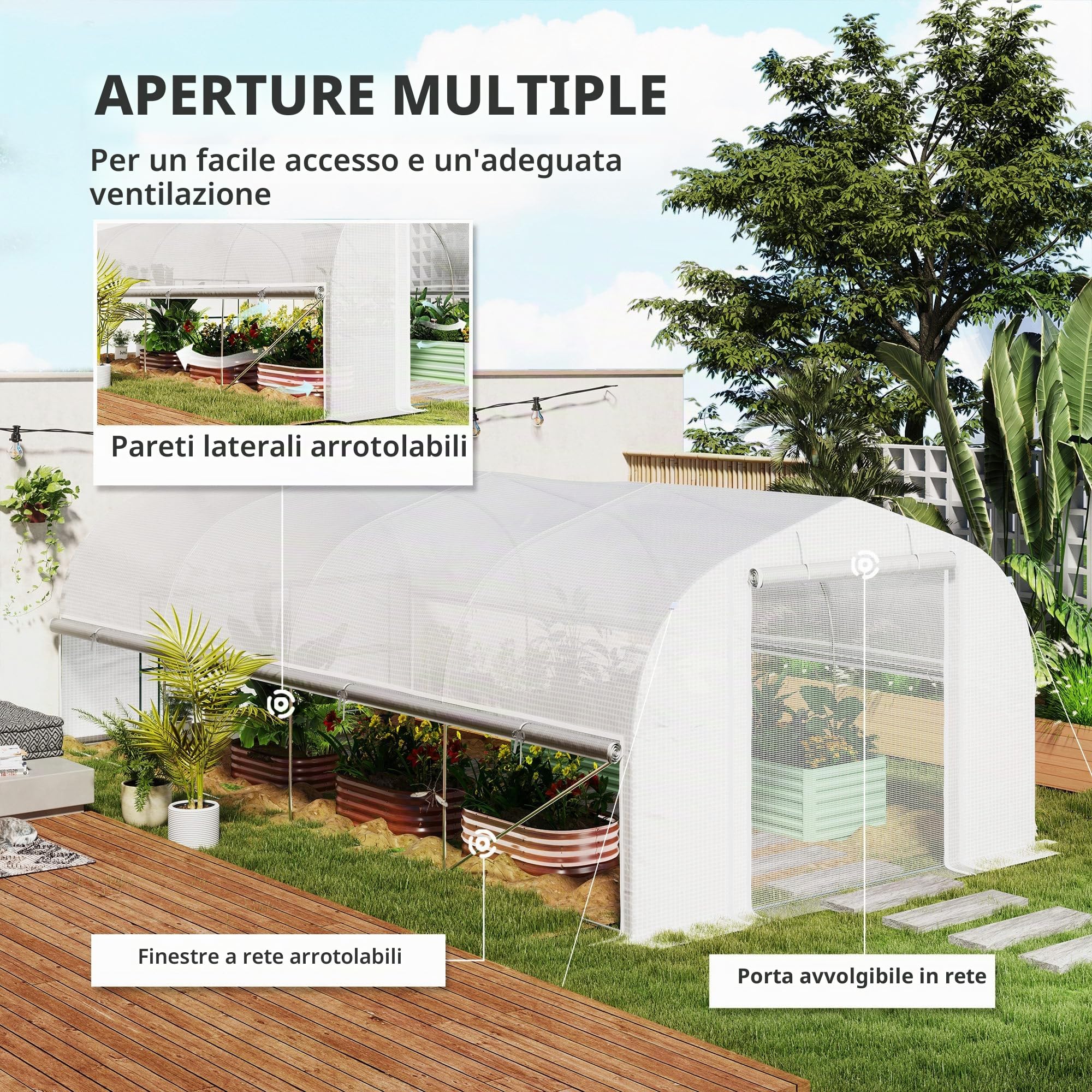 Serra Outsunny 6 x 3 x 2 m con 8 finestre e porta, pareti laterali avvolgibili, tunnel per pomodori in pellicola resistente ai raggi UV con struttura in acciaio zincato, bianco