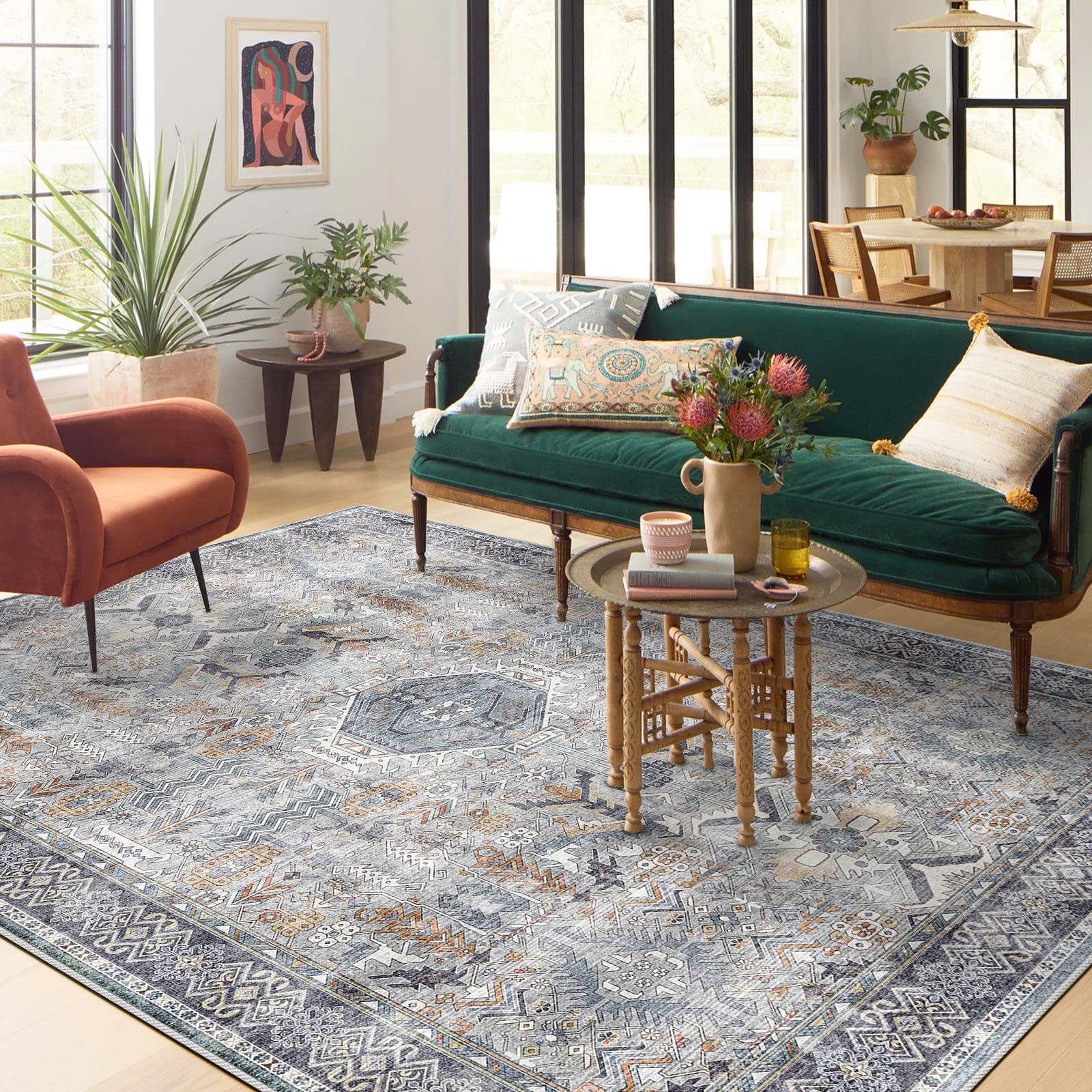 Washable Living Room Area Rug - 9x12 Large Persian Boho Bedroom Rug Distressed Oriental Non-Slip Non-Shedding Print Floor Carpet for Dining Room Kitchen (Grey, 9 x 12)