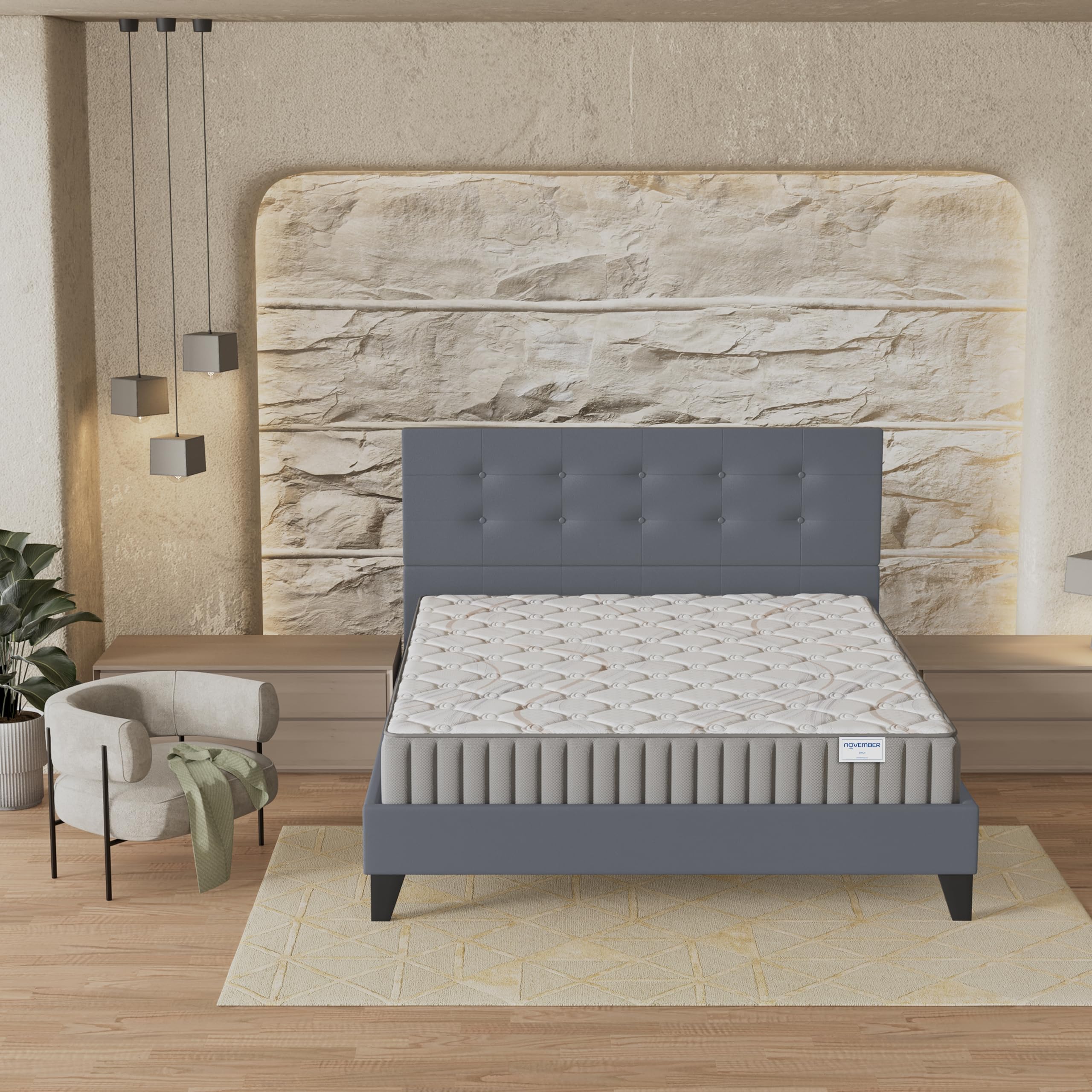 NOVEMBER- Ensemble Matelas + Sommier & tête de lit capitonnée (140 x 200cm) - Matelas Sirius Latex Naturel d’épaisseur 16cm + Lit Stable & Robuste, revêtement synthétique Gris
