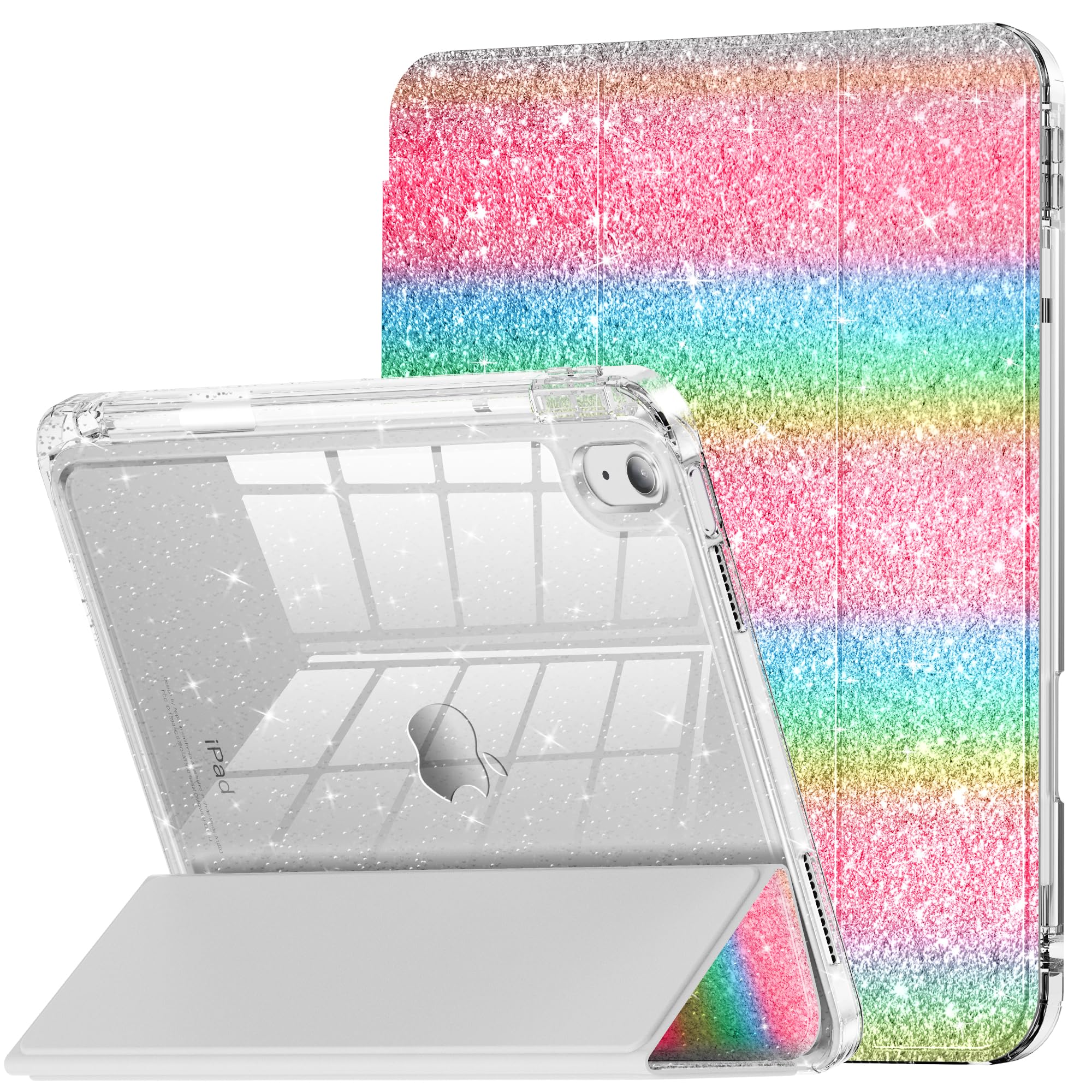 iPad 10th Generation Case, INFILAND iPad Case 10th Generation 10.9 Inch for Kids Girls Cute Glitter Cover Bling Crystal Clear Back Pencil Holder Anti-Yellowing Rose Pink Rainbow