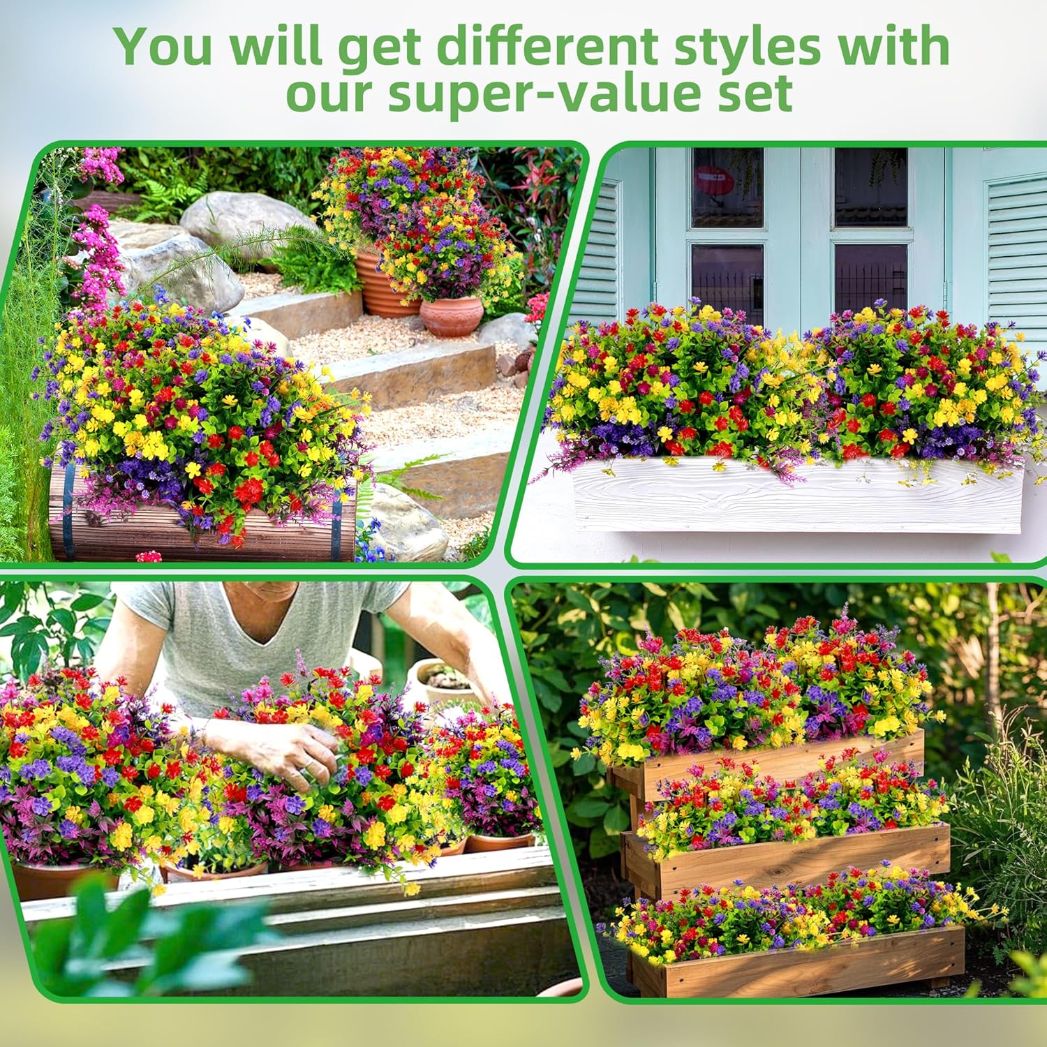 12 Bundles Artificial Flowers for Outdoors UV Resistant, Artificial Flowers Outdoor Decoration, No Fade Faux Fake Flowers Greenery Shrub Plants for Garden Home Front Porch Window Hanging Decor - Image 2