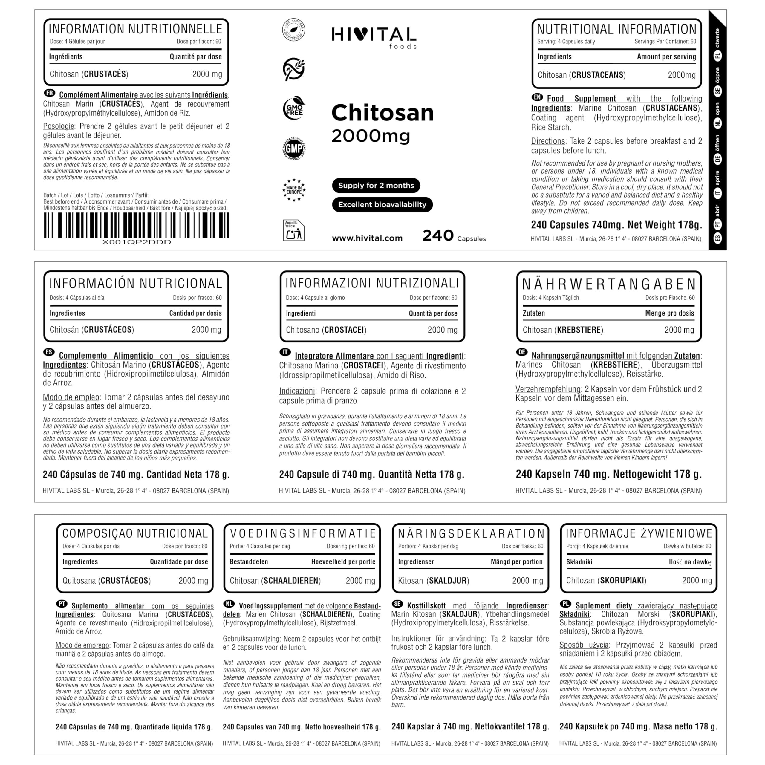 Marine Chitosan 2000 mg. 240 Kapseln für 2-monatige Behandlung. Natürliches Chitosan aus Chitin von Krustentieren. Natürlicher Ballaststoff. Hergestellt von HIVITAL