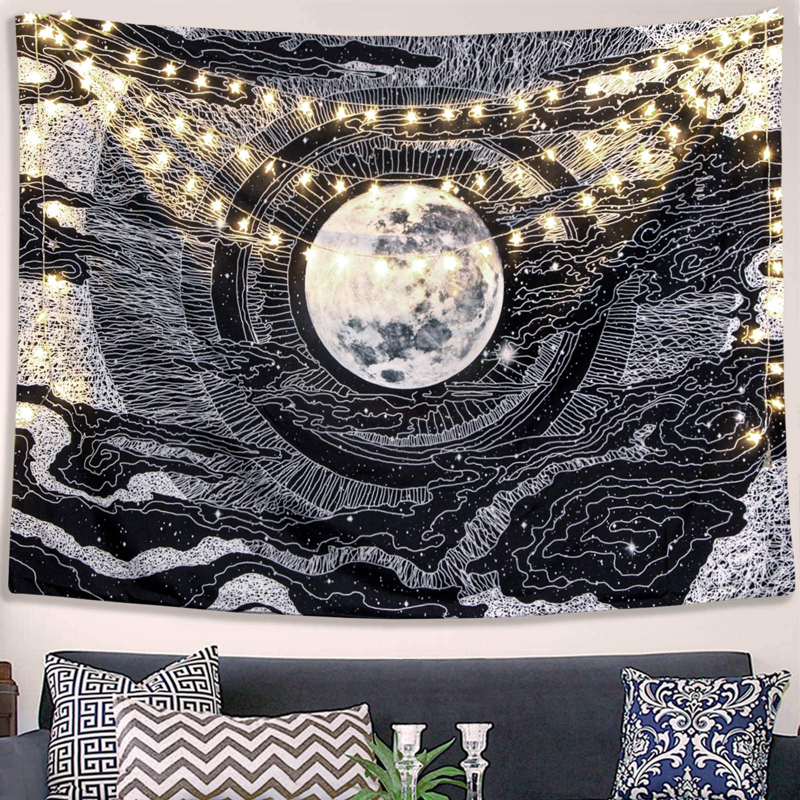 TANGDIAABBCC Accnicc Tapestry Wall Hanging Moon and Star Tapestry Black and White Wall Tapestries Aesthetic Tapestry for Bedroom Living Room Dorm (Black, 60"x80")