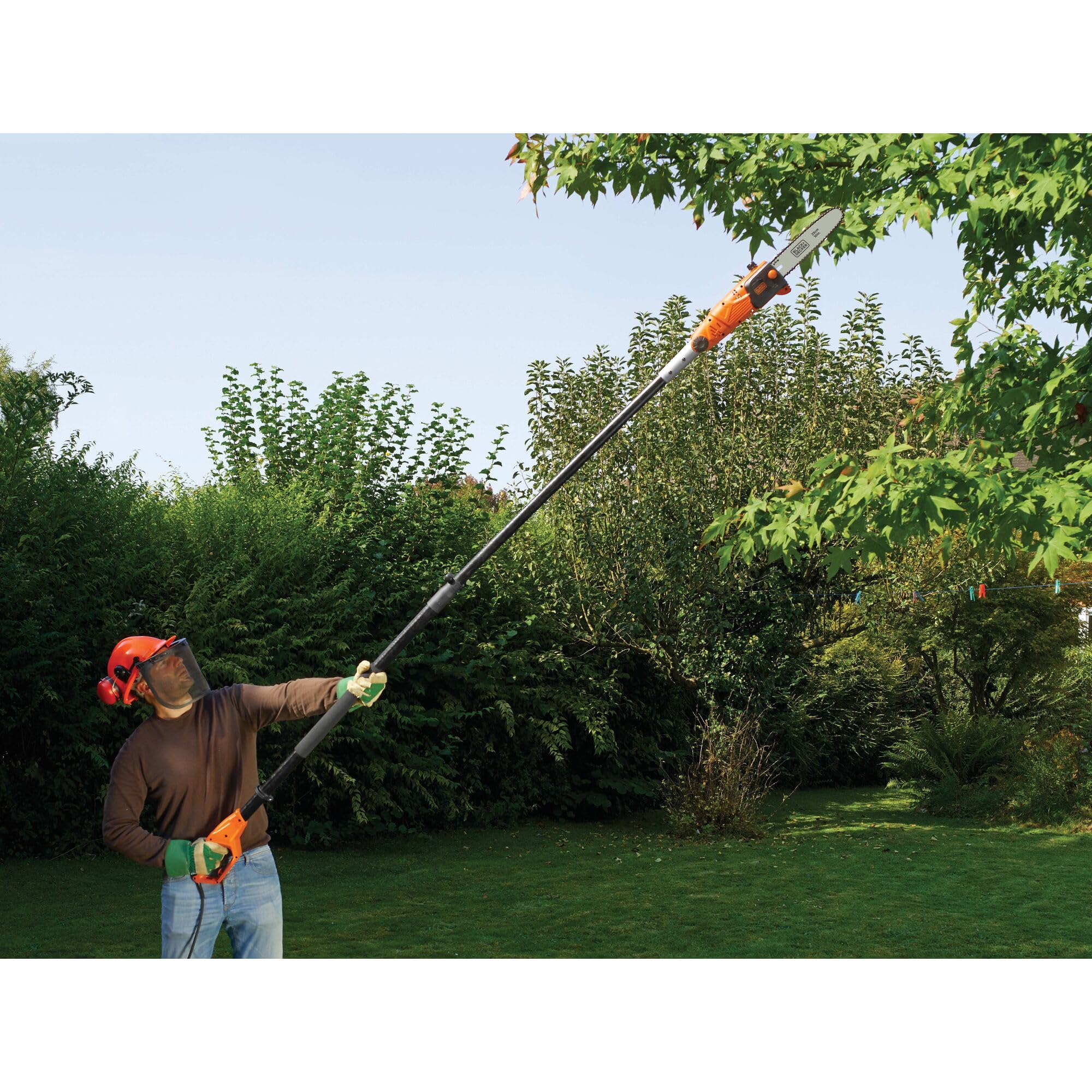 BLACK+DECKER Motosierra telescópica (pértiga), 800 W, 25 cm de longitud de espada, 2,7 m de longitud, 11 m/s, velocidad de cadena de 11 m/s, cabezal giratorio, PS7525-QS