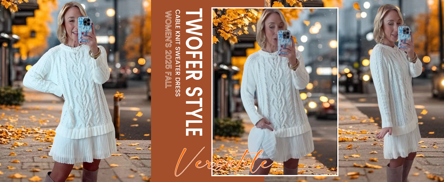 MINSURE Women Cable Knit Sweater Dress Crewneck Long Sleeve Pleated Mini Dress Twofer Style Patchwork Dress(Beige-XS) at Amazon Women's Clothing store MINSURE Women Cable Knit Sweater Dress Crewneck Long Sleeve Pleated Mini Dress Twofer Style Patchwork Dress(Beige-XS) at Amazon Women's Clothing store