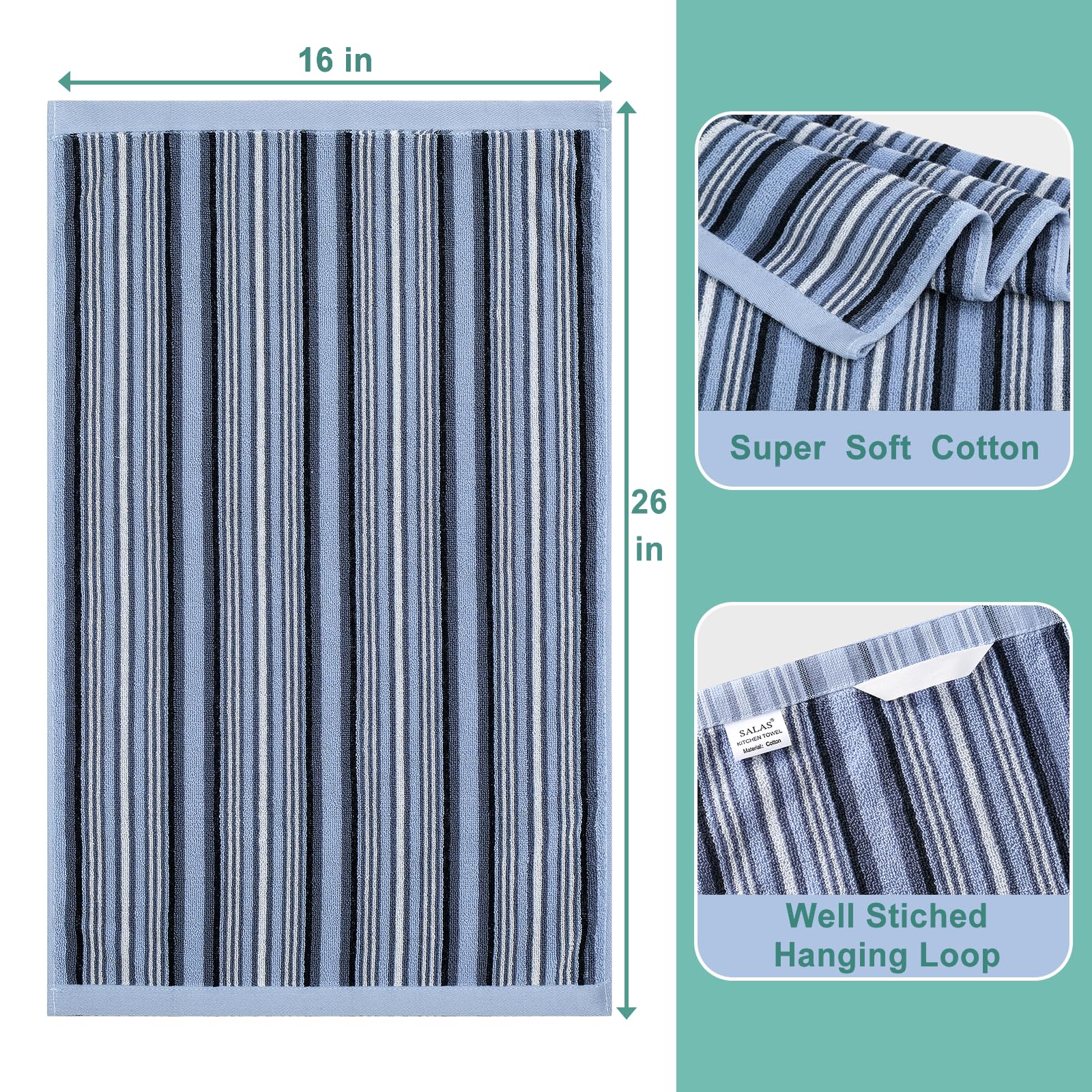 SALAS Paños de cocina de alta calidad para secar platos, paños de cocina grandes de algodón, toallas de mano, paños de rizo a rayas, juegos de toallas gruesas altamente absorbentes con lazo para