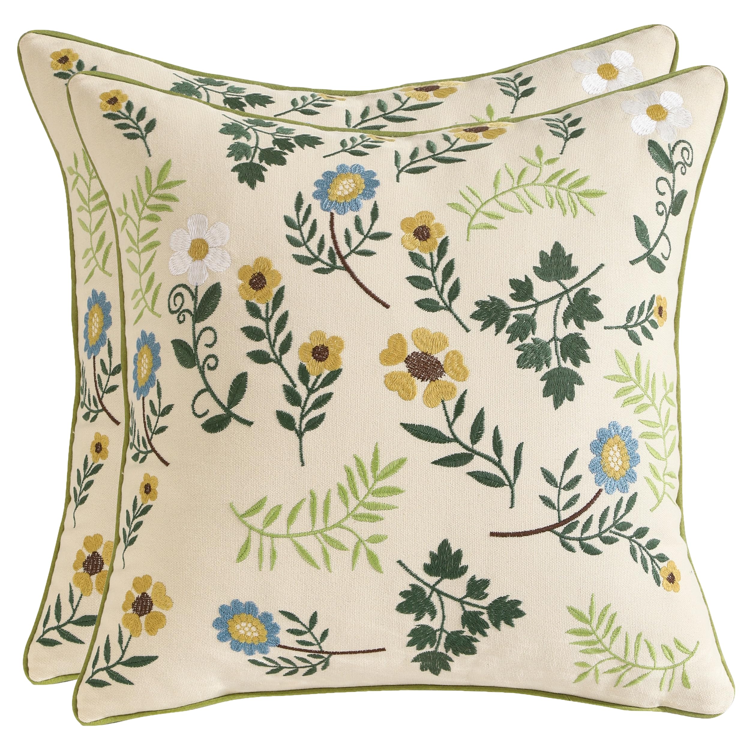 Tosleo Pack of 2 Spring Pillowcases 18x18 inch Embroidered Throw Pillow Covers Green Leaf Small Crushed Flower Farmhouse Pillow Cushion Cases Home Decor Square Floral Pillow Case