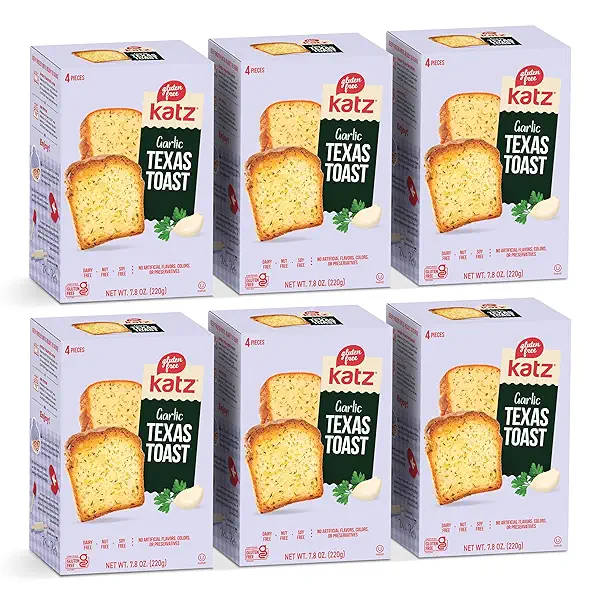 Katz Gluten Free Texas Toast, Fluffy Garlic Bread. Free of Dairy, Tree Nut, Peanut, and Soy. Kosher. 7.8oz (6pk) 1