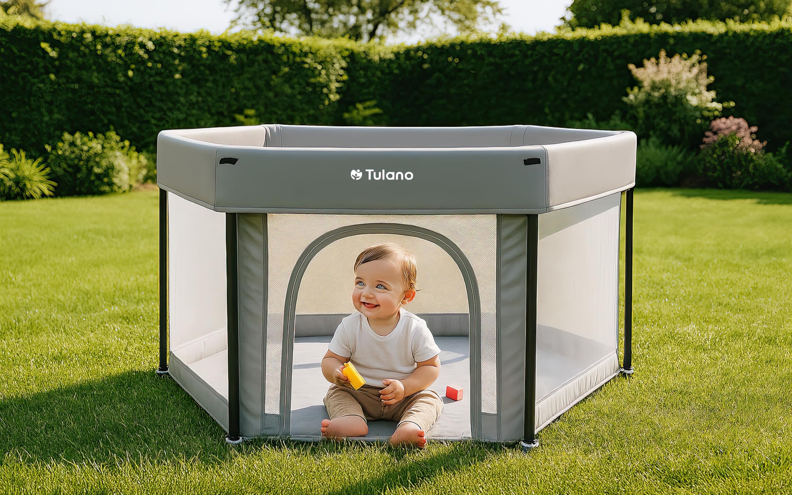 Tulano Cozy 30 Reise-Laufstall Baby faltbar 125x66 cm – Kompakter Kinderlaufstall mit Boden – Netzseiten – Reißverschluss-Tür – rutschfeste Füße – Tragetasche – Indoor & Outdoor – 6–36 Monate - Grau