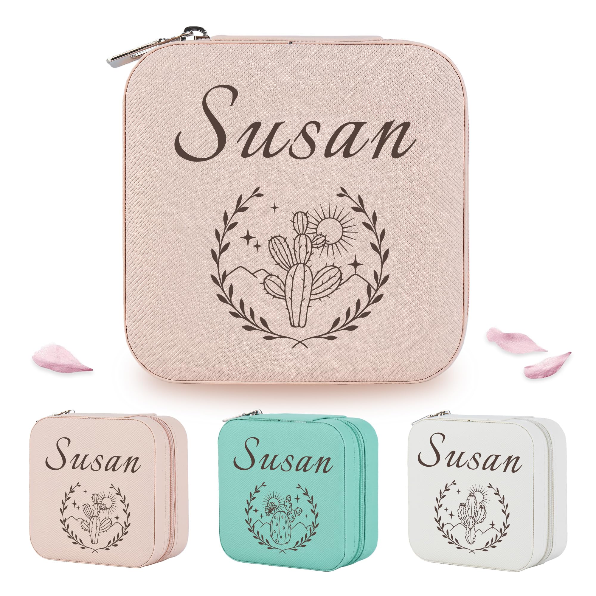 Personalized Leather Jewelry Box for Women Custom Travel Jewelry Case with Name Cactus flower Design Gift for Her