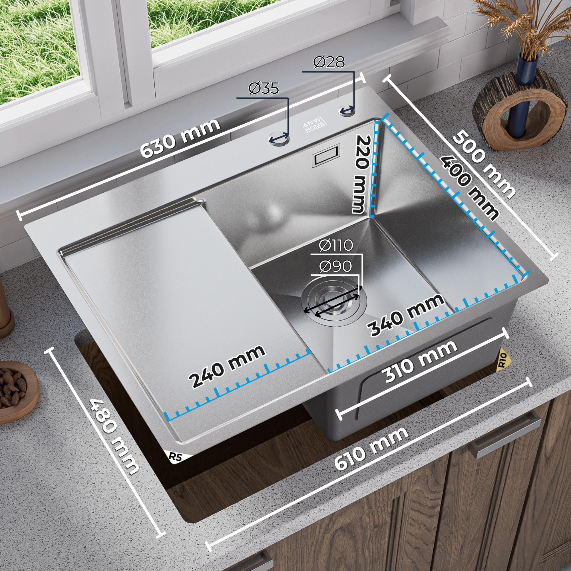 ANW HOME Lavello Cucina 1 Vasca Acciaio Inox, Lavandino Cucina da Incasso con Gocciolatoio 63x50 cm, Argento, Finitura Nano, Spessore 3.0/1 mm, con Sifone, Dosatore e Cestello