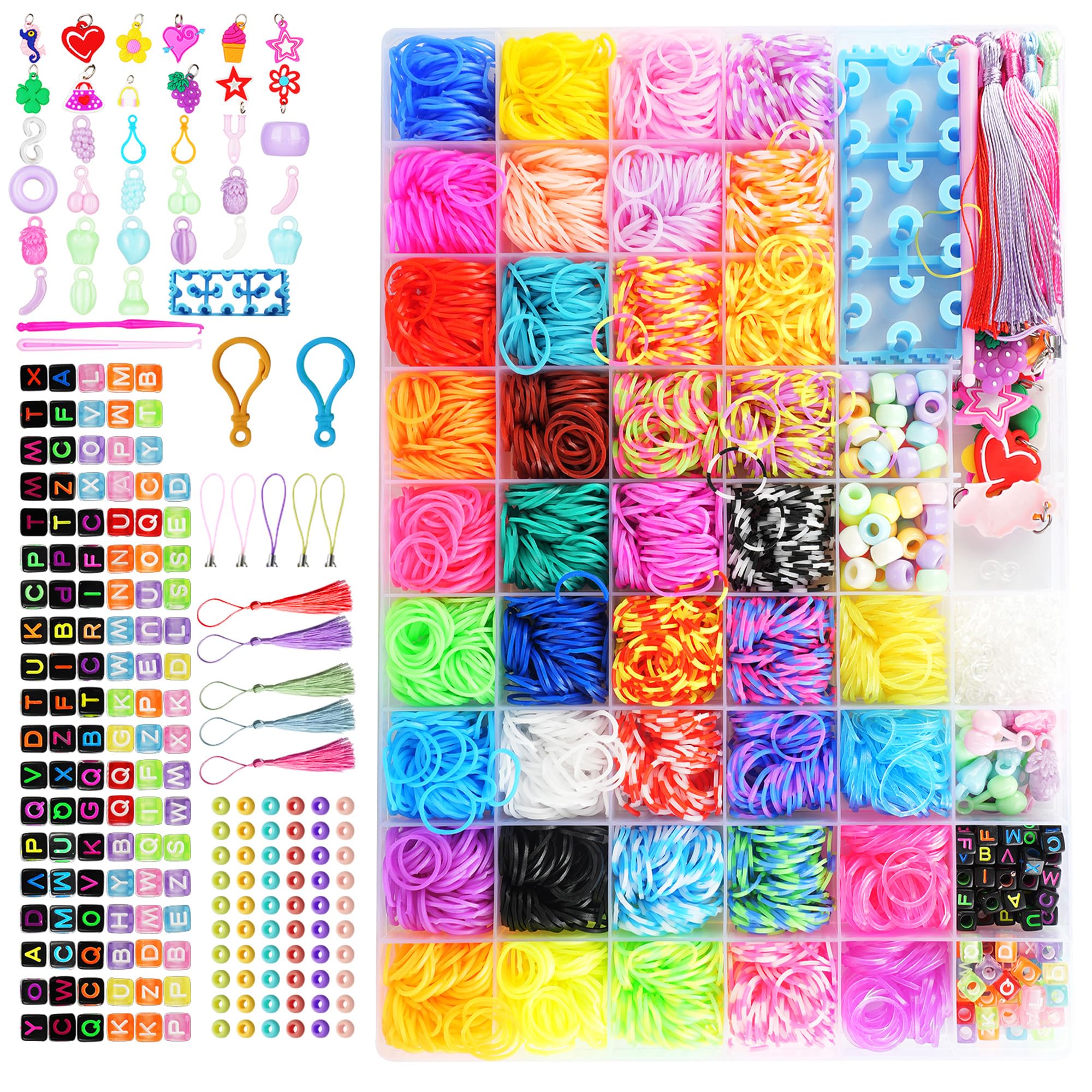 3800+ Elastici Braccialetti Kit, 54 griglie di Kit Braccialetti Elastici per bambini, comprensivi di telaio, uncinetto, ciondoli, perline ecc, Kit Elastici Per Braccialetti, Giocattoli e Regali