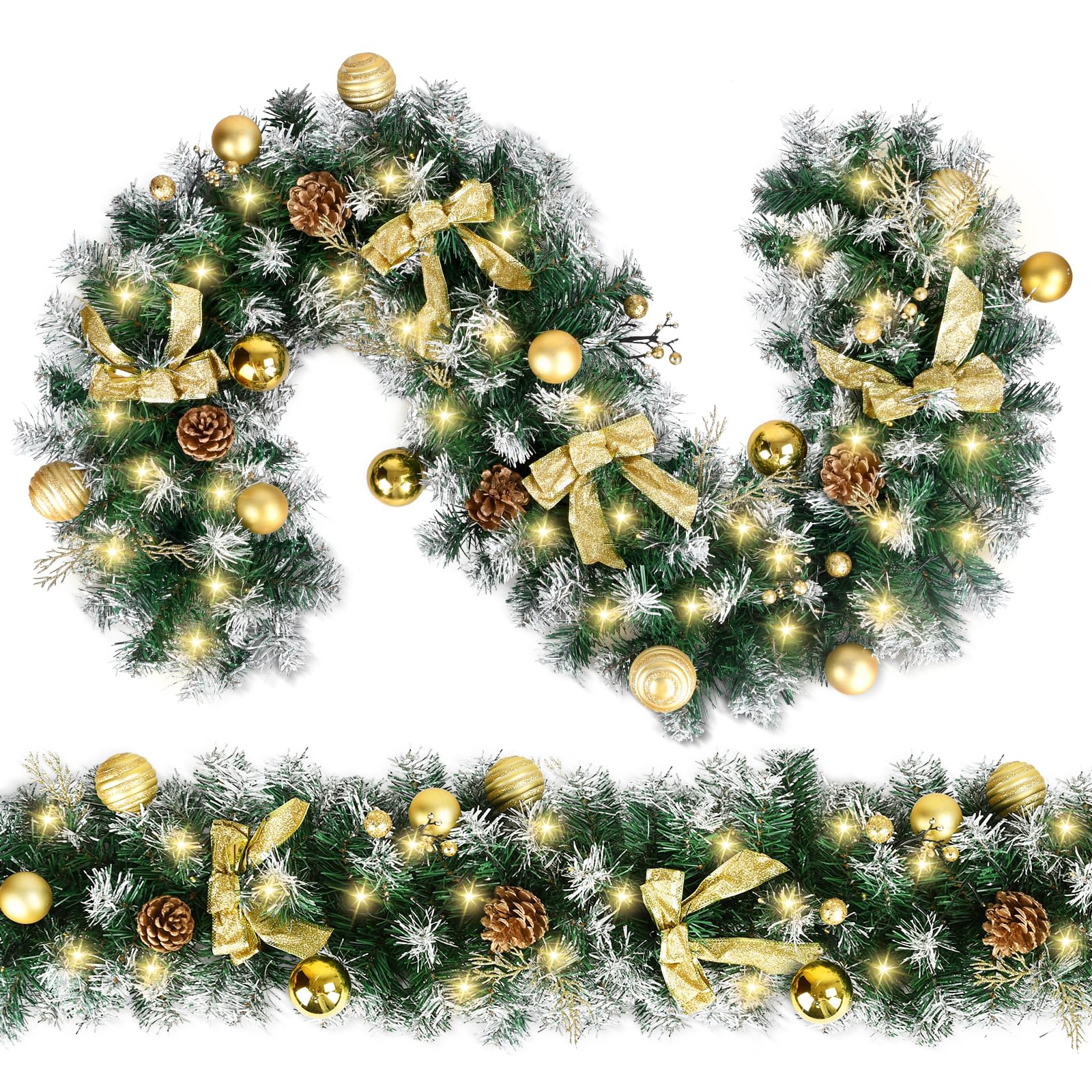 Christmas Garland with Lights, 6FT Garland with LED Lights, Battery Operated, Gold Bows and Ball Ornament, Artificial Pine Cones for Christmas Decorations and Holiday Mantle Decor