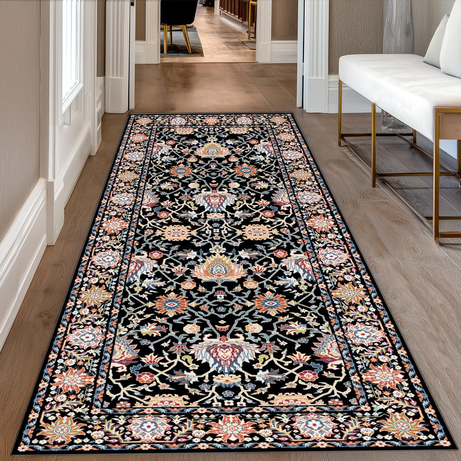 Washable 2x5 Hallway Runner Rug, Non-Slip Low Pile Cozy Kitchen Runner Rug, Black Boho Vintage Floral, Ultra Soft, Stain Resistant, Pet & Kid Friendly Rugs for Bedroom Bathroom Laundry Room Entryway - Image 3